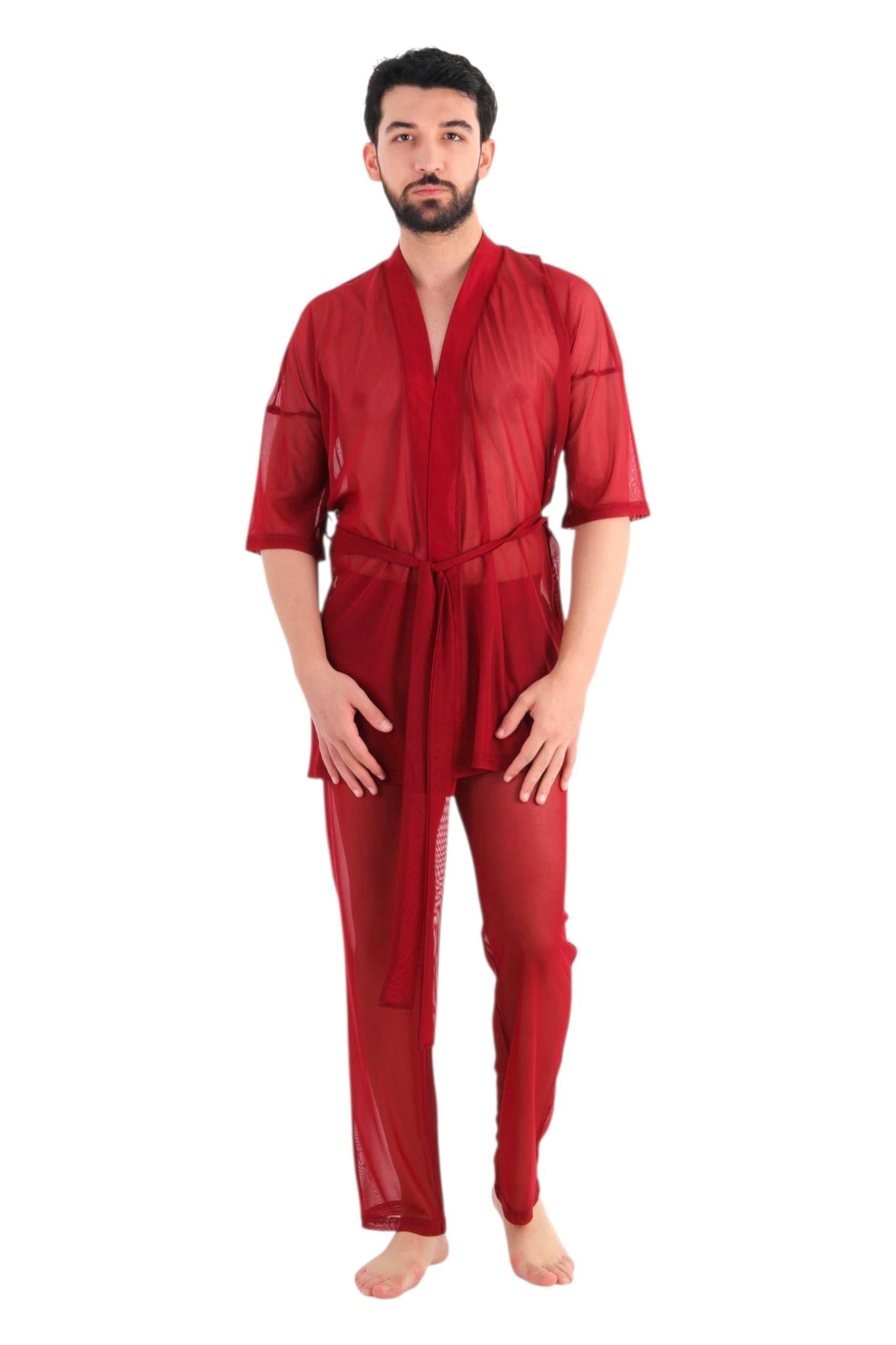 JEU JEU RUSE – Bordo Tül Transparan Fantezi Erkek Kimono Takımı