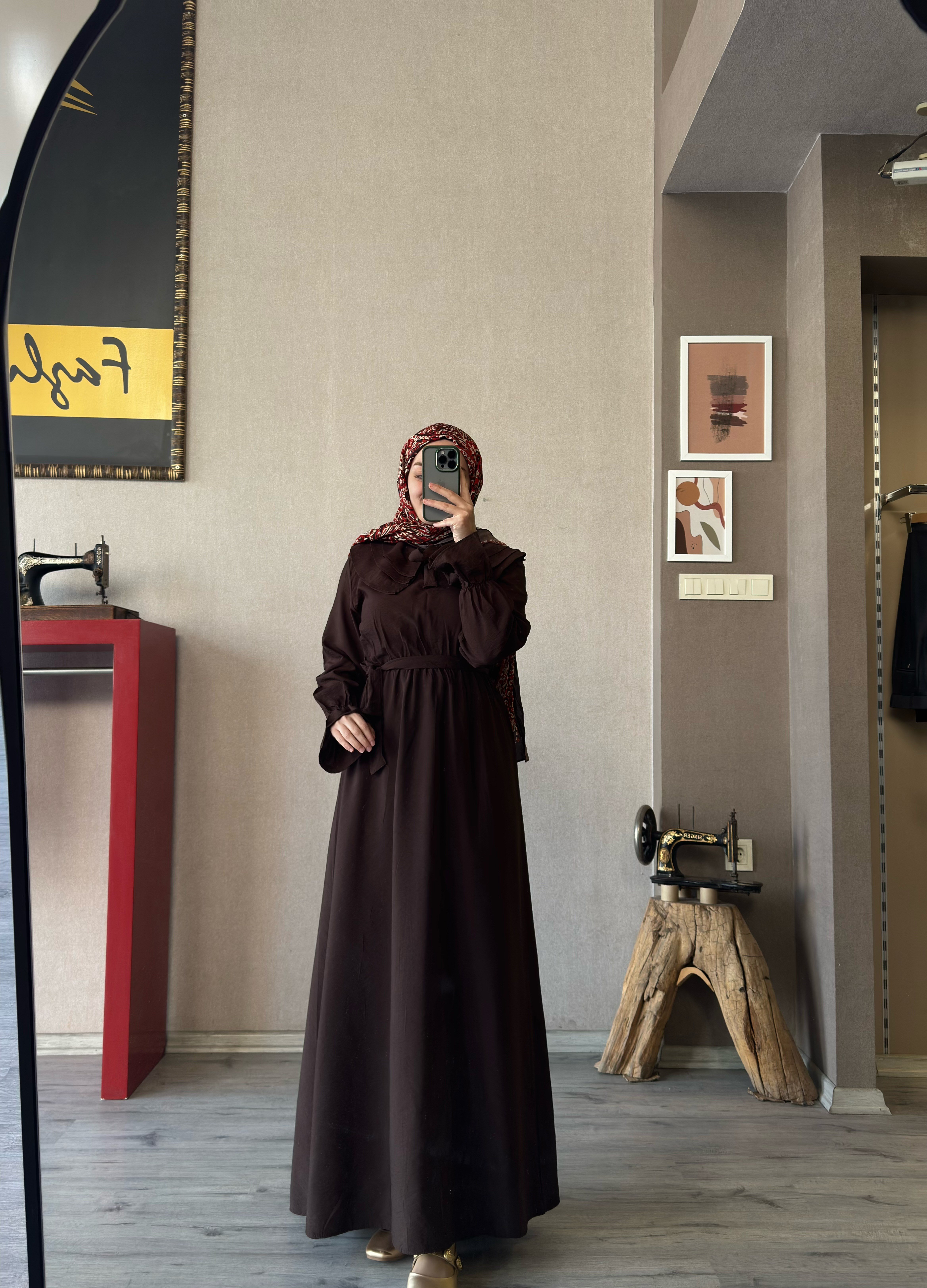 Acı kahve flora elbise - 1114
