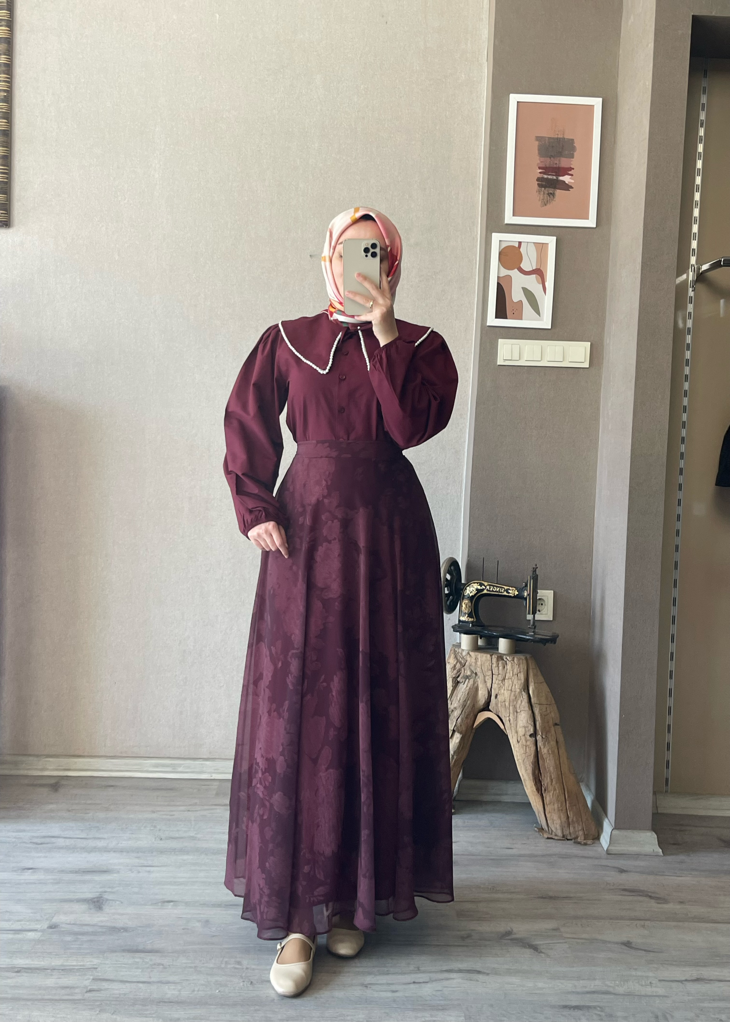 Bordo ceriy şifon etek - 1089