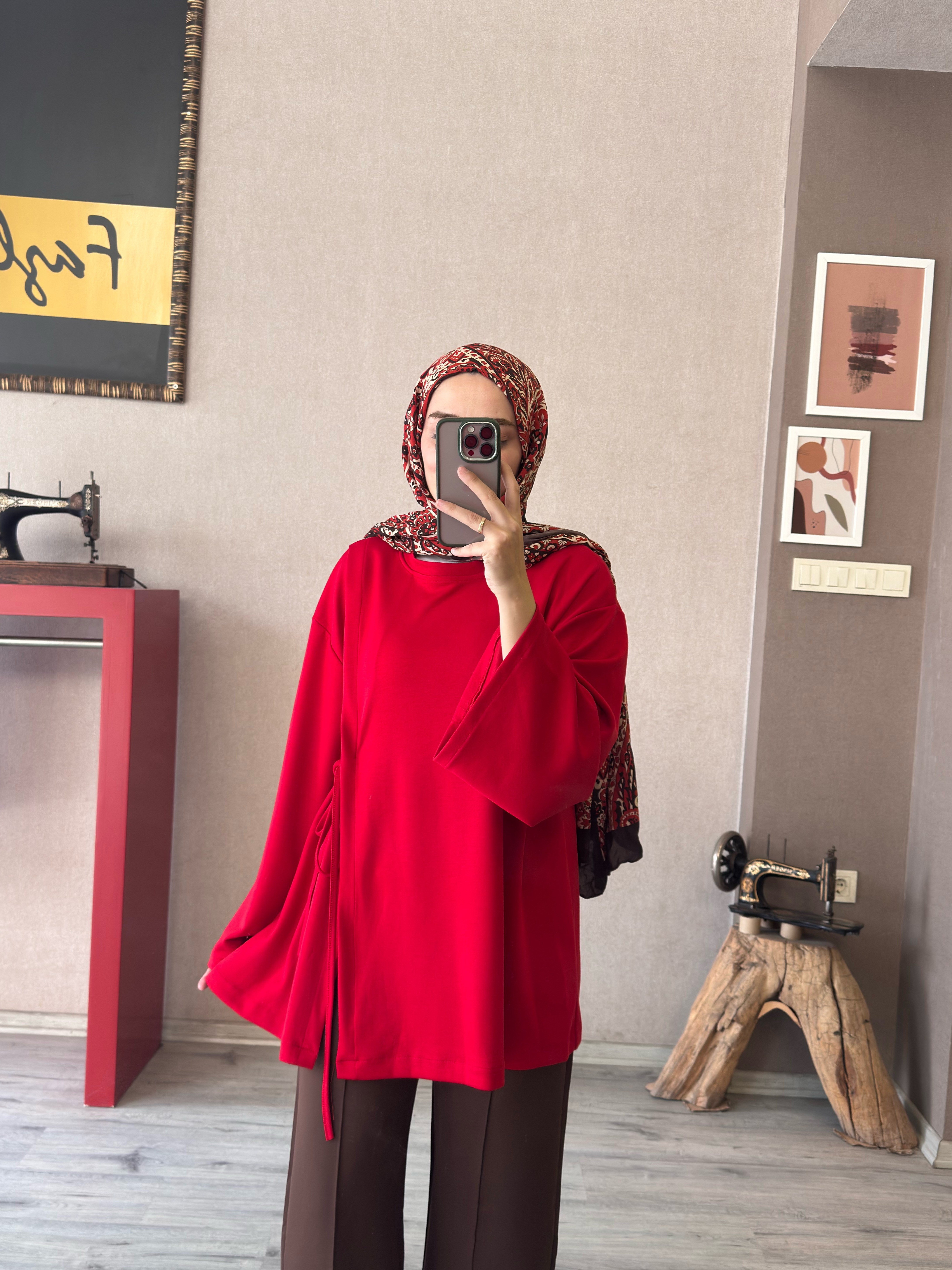 Yandan bağlamalı kırmızı tunik - 1192