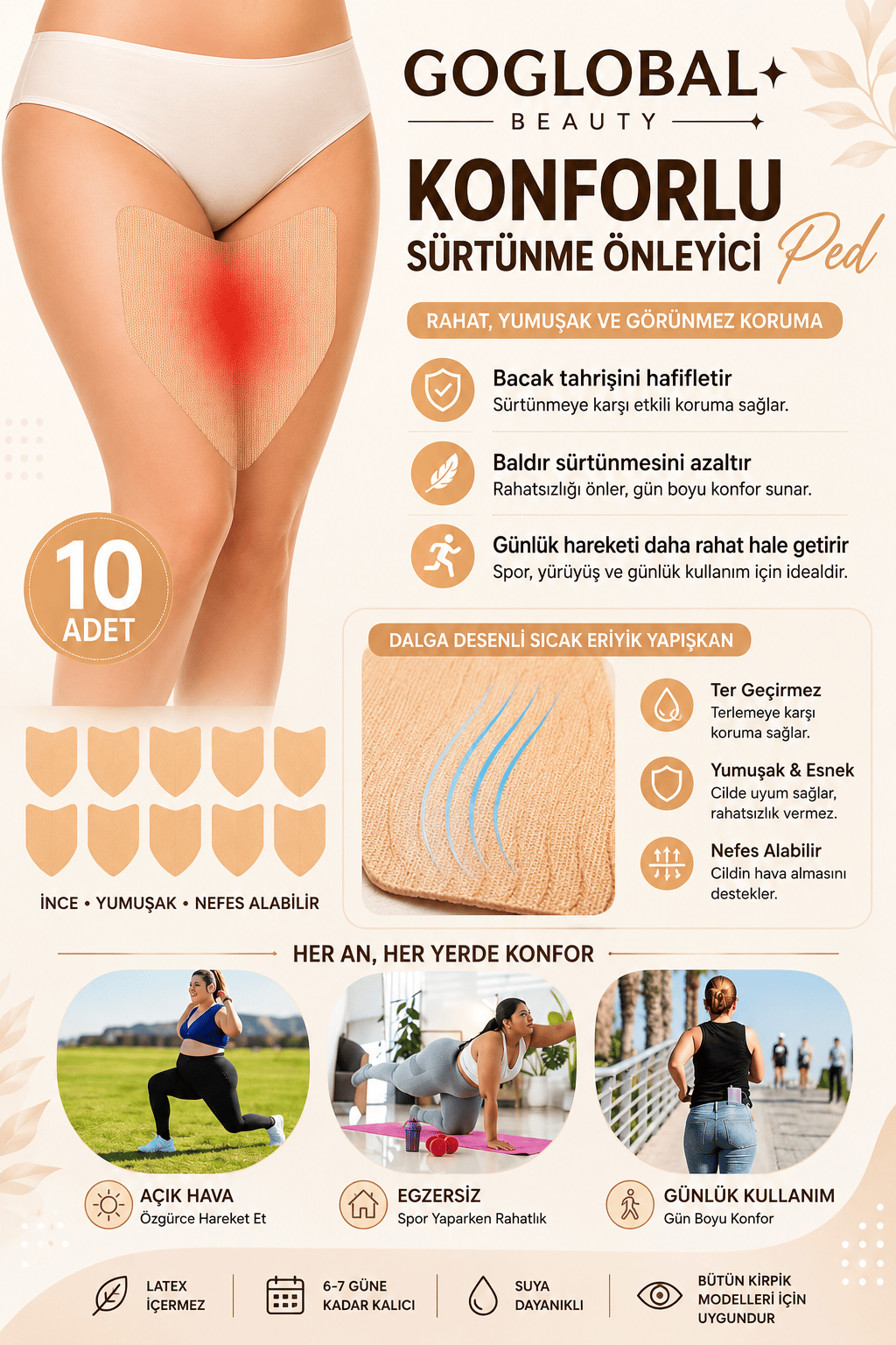 10'lu Uyluk Sürtünme Önleyici Bant | Kendinden Yapışkanlı Pişik Önleyici Baldır Koruyucu Ped | Kadın ve Erkek Kullanımı