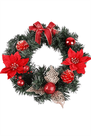 30 cm Kırmızı Altın Noel Kapı Çelengi | Çam Kozalı ve Poinsettia Çiçekli Şömine & Duvar Dekoru