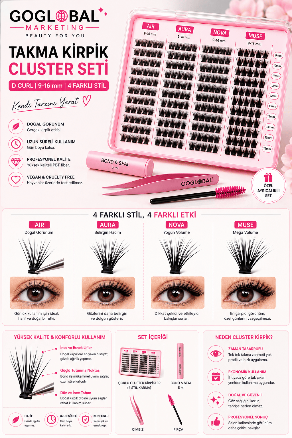4 Farklı Stil Cluster Takma Kirpik Seti D Curl 9-16 mm Mix AIR AURA NOVA MUSE Bond & Seal Cımbız Fırça