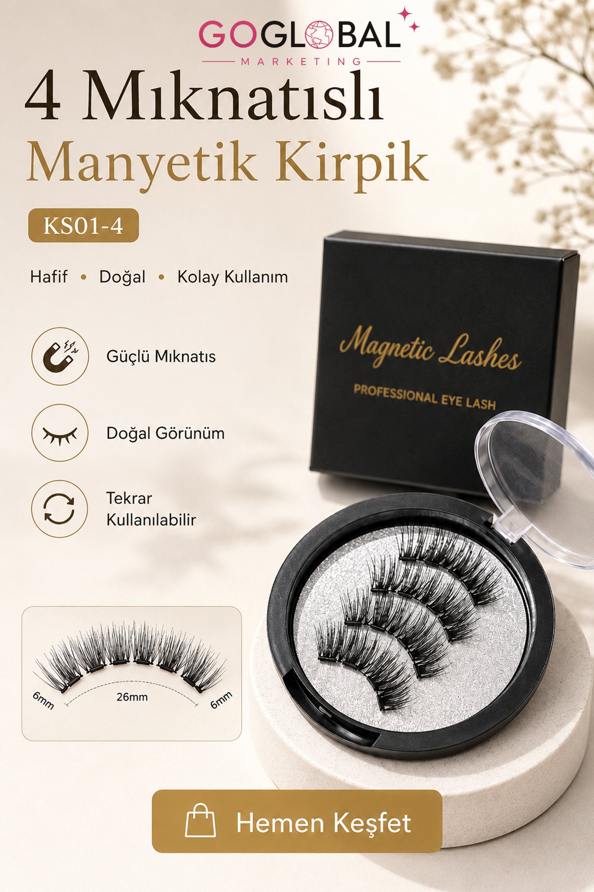 4 Mıknatıslı Manyetik Takma Kirpik | Yapıştırıcısız Doğal Görünüm | Tekrar Kullanılabilir | Suya ve Tere Dayanıklı | 3 Çift