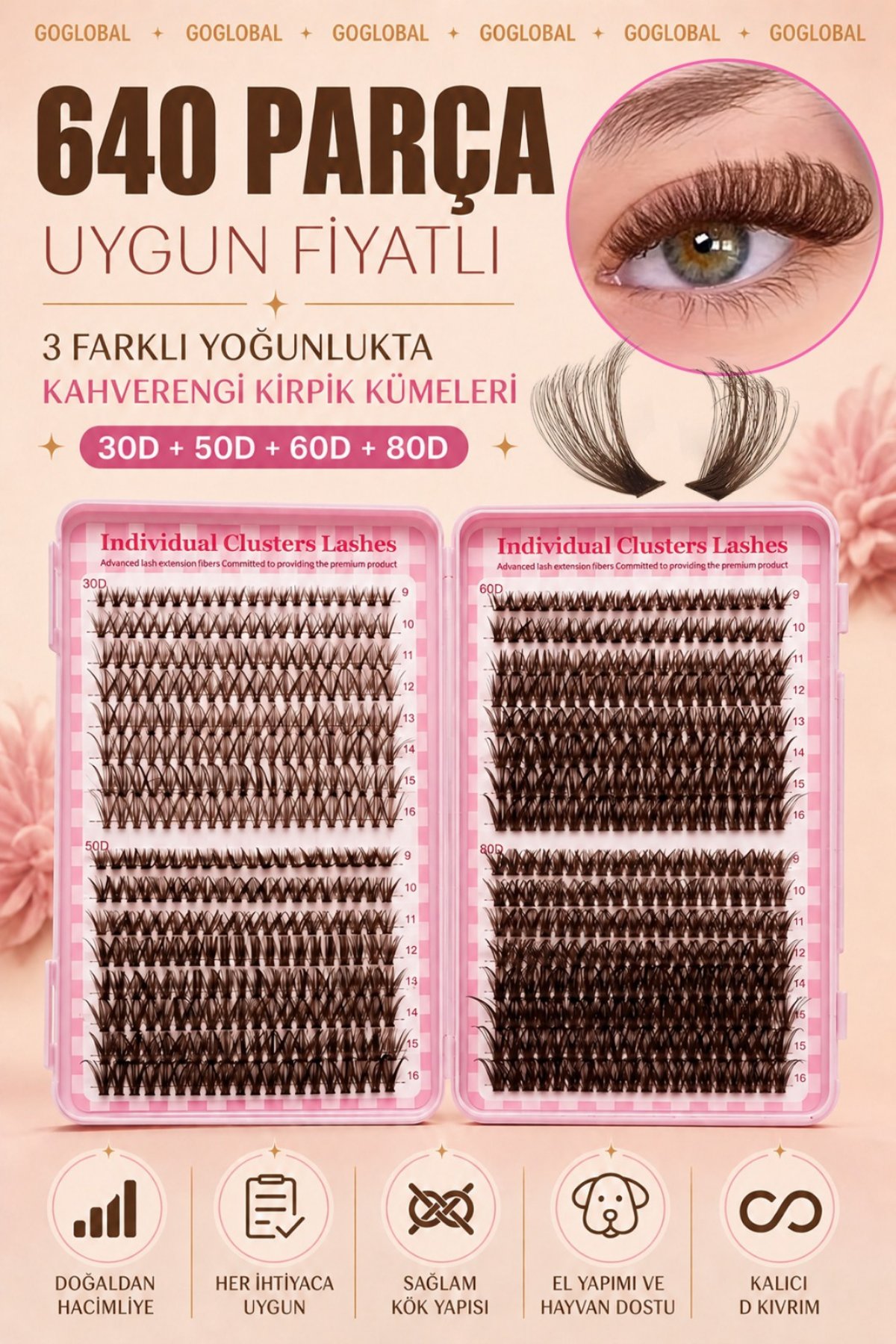 640 Parça Doğal Kahverengi Küme Kirpik | 30D 50D 60D 80D D Curl | Evde Takma Kirpik Seti | 9-16 mm