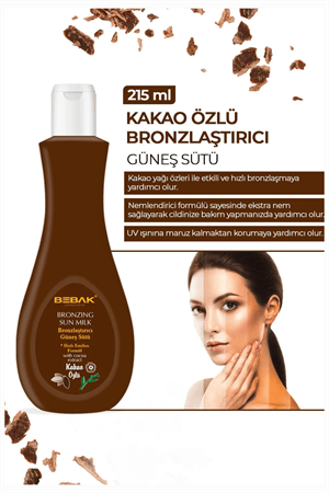 Bebak Kakao Özlü Bronzlaştırıcı Süt – Etkili ve Doğal Bronzluk Sağlayan Vücut Losyonu, 215 ml