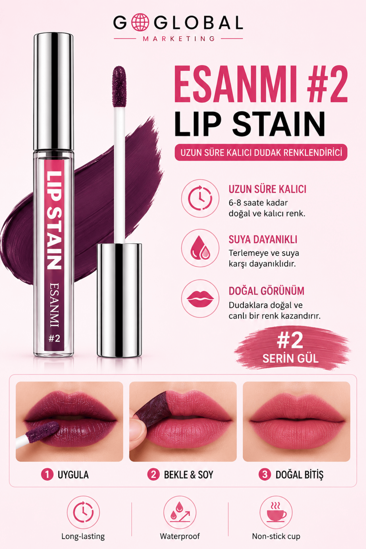 ESANMI Lip Stain #2 Cool Rose Soyulabilir Kalıcı Dudak Renklendirici – Bulaşma Yapmayan Peel Off Lip Tint 2,5 ml