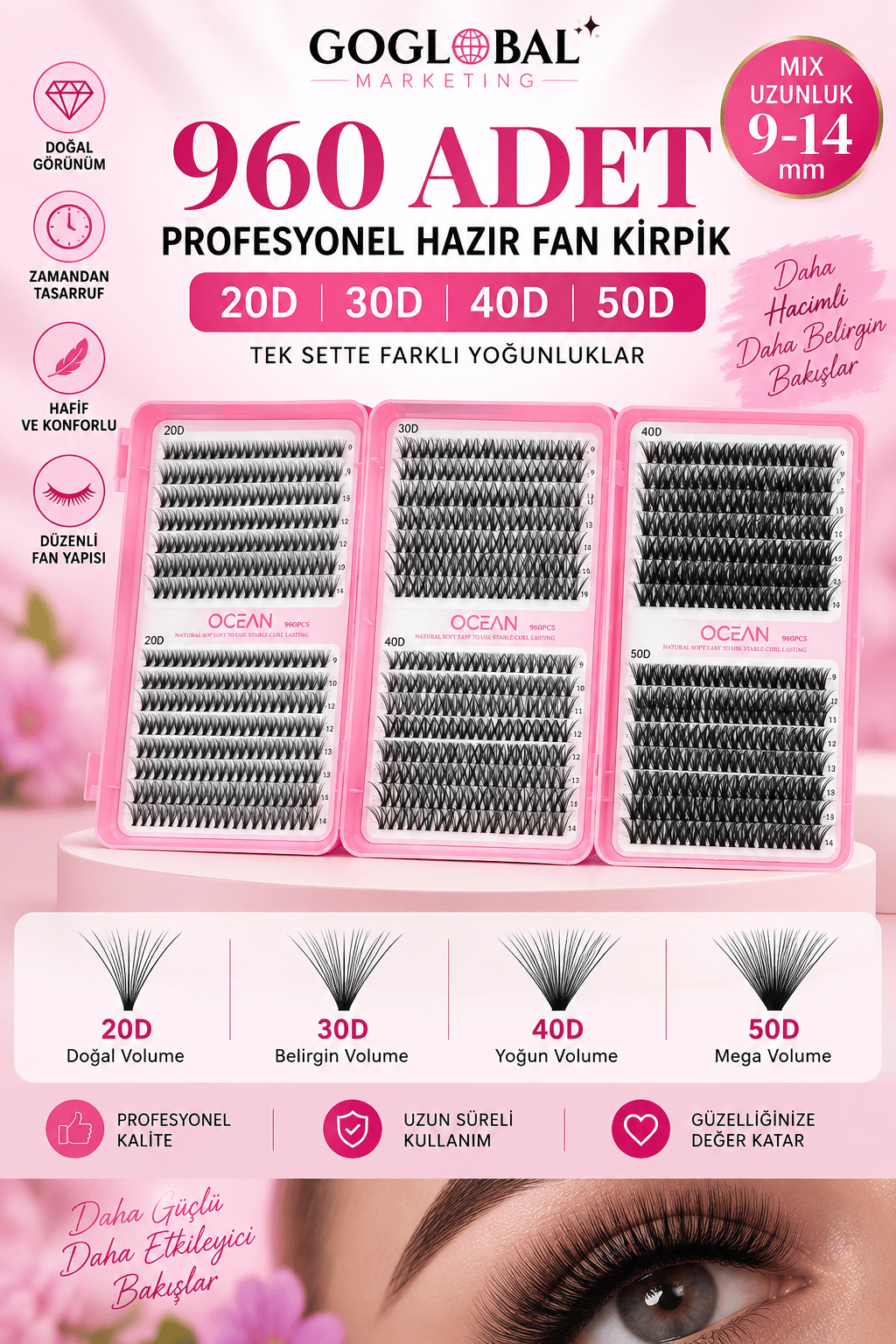 GOGLOBAL 960 Adet Hazır Fan Takma Kirpik Seti 20D 30D 40D 50D Mix 9-14 mm Bond Seal Cımbız Fırça