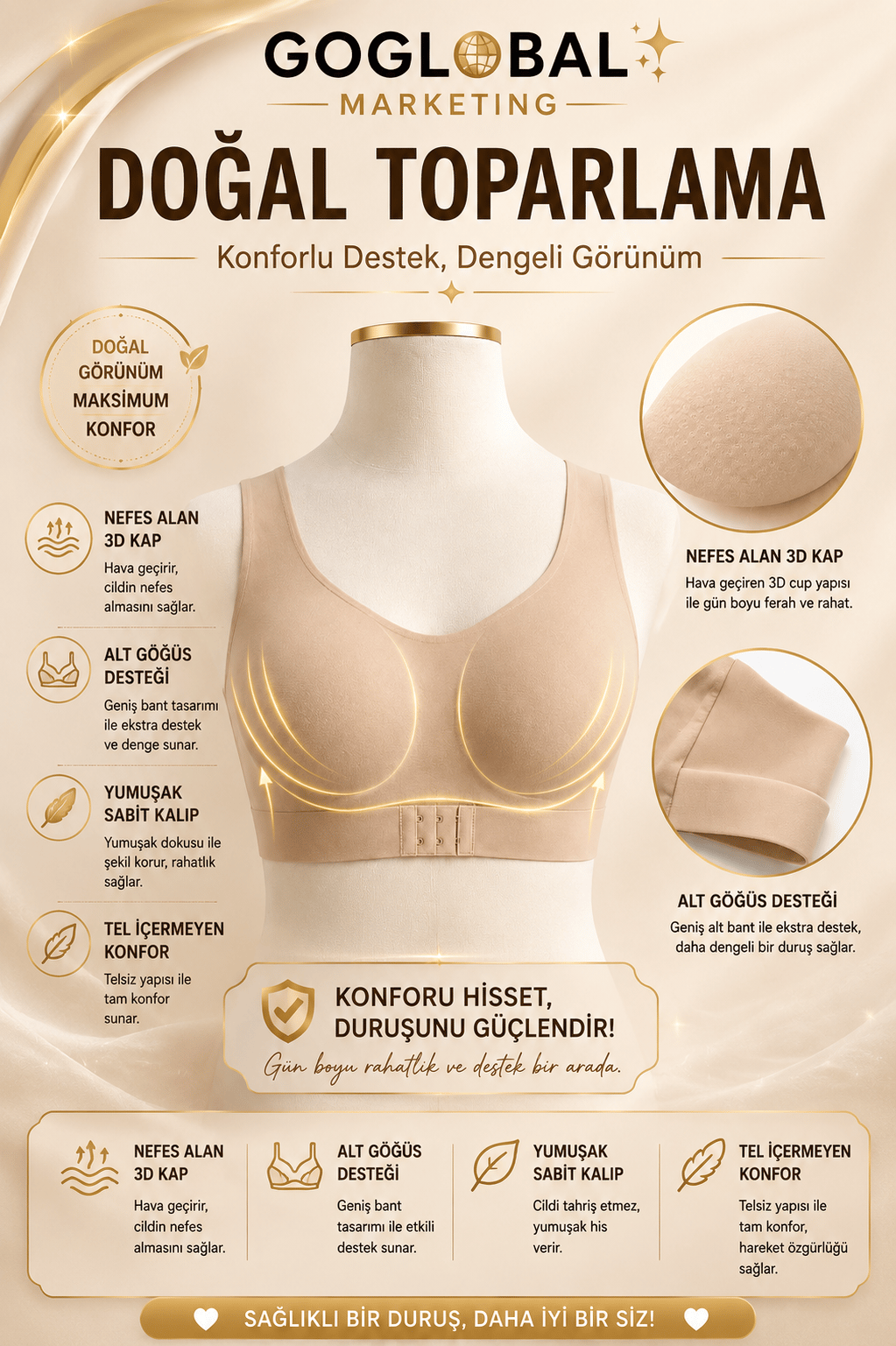 Kadın Çapraz Sırt Destekli Toparlayıcı Sütyen Balensiz Geniş Askılı Günlük Konfor Sütyeni