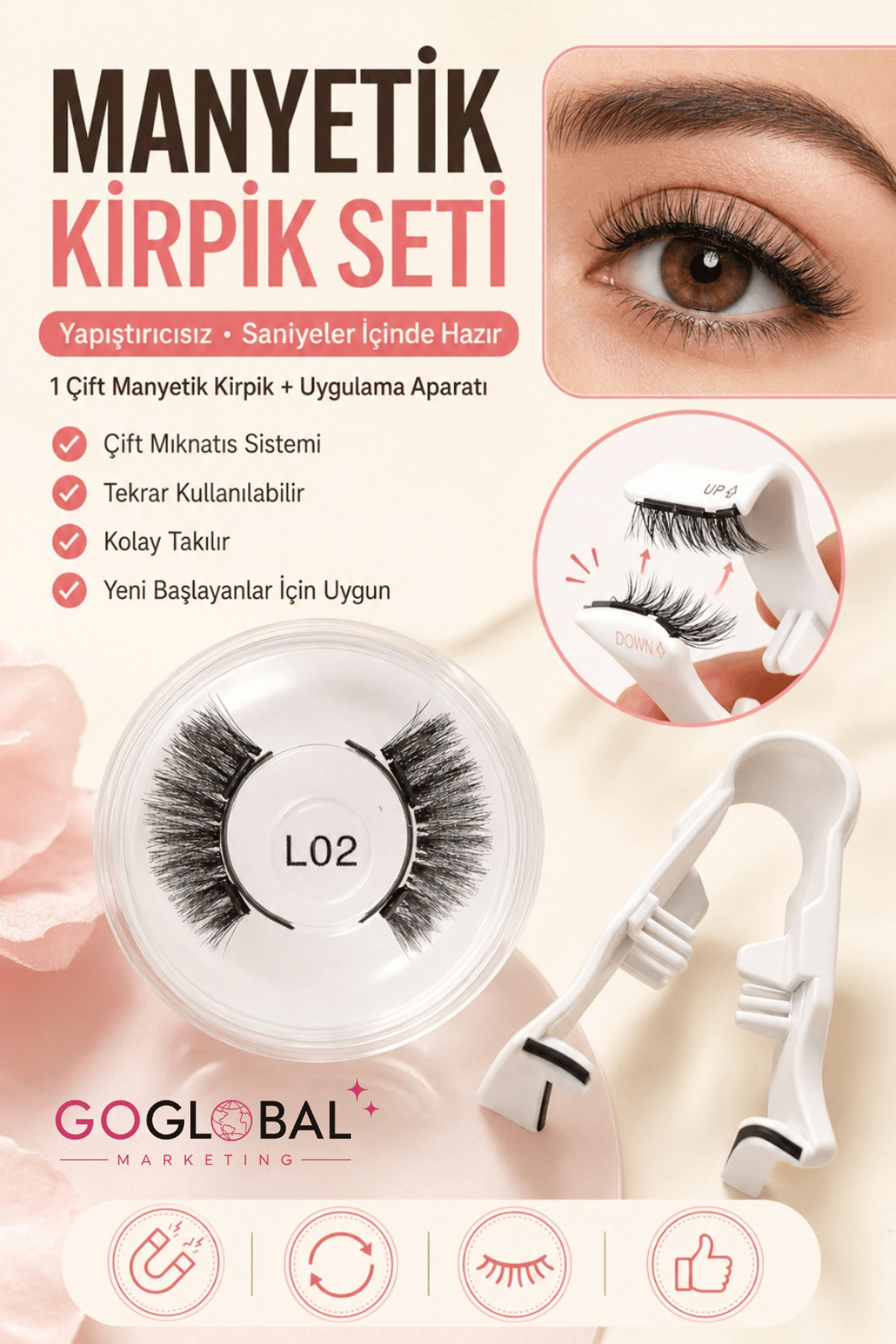 Manyetik Takma Kirpik Seti L02 | Çift Mıknatıslı | Yapıştırıcısız | Doğal Görünüm | Uygulama Aparatlı