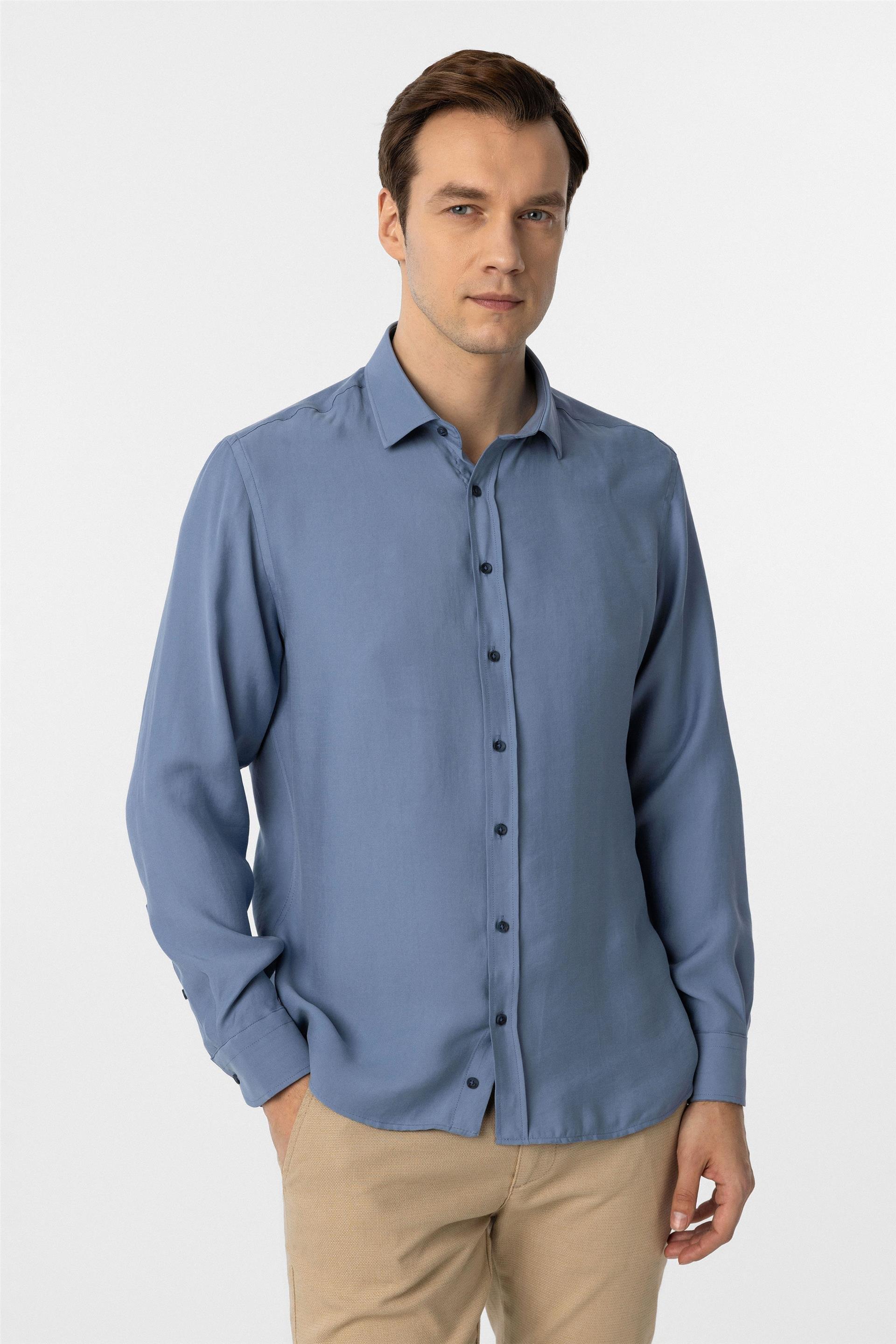 Mavi Slim Fit Düz Klasik Yaka Gömlek