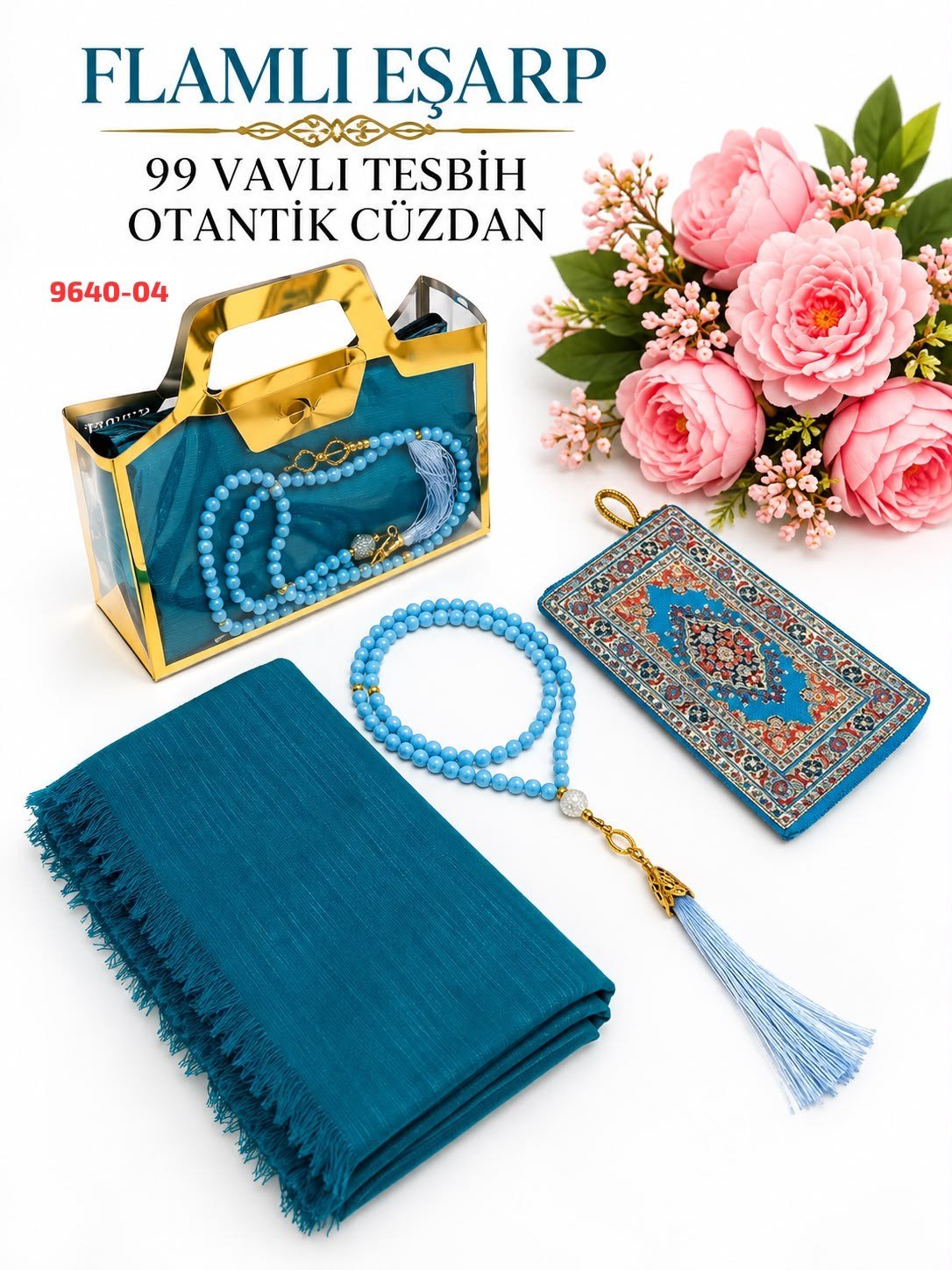 Flamlı Eşarp Otantik Cüzdan Tesbih Set