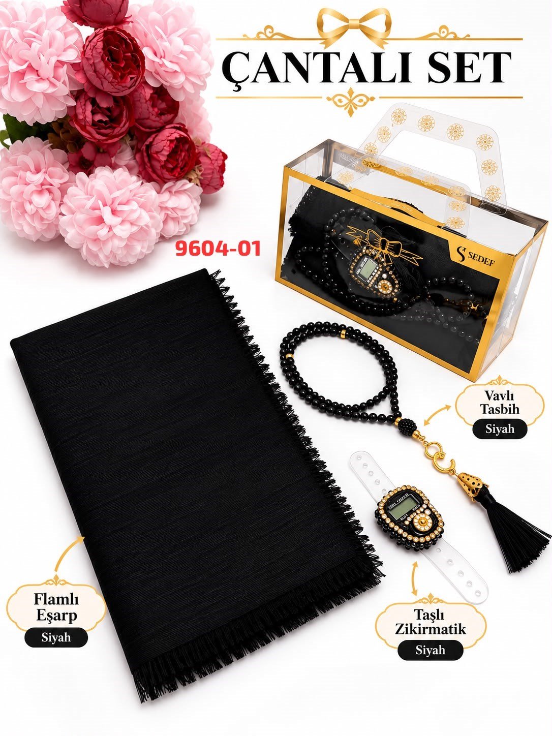 Eşarp Tesbih Taşlı Zikirmatik Çantalı Set