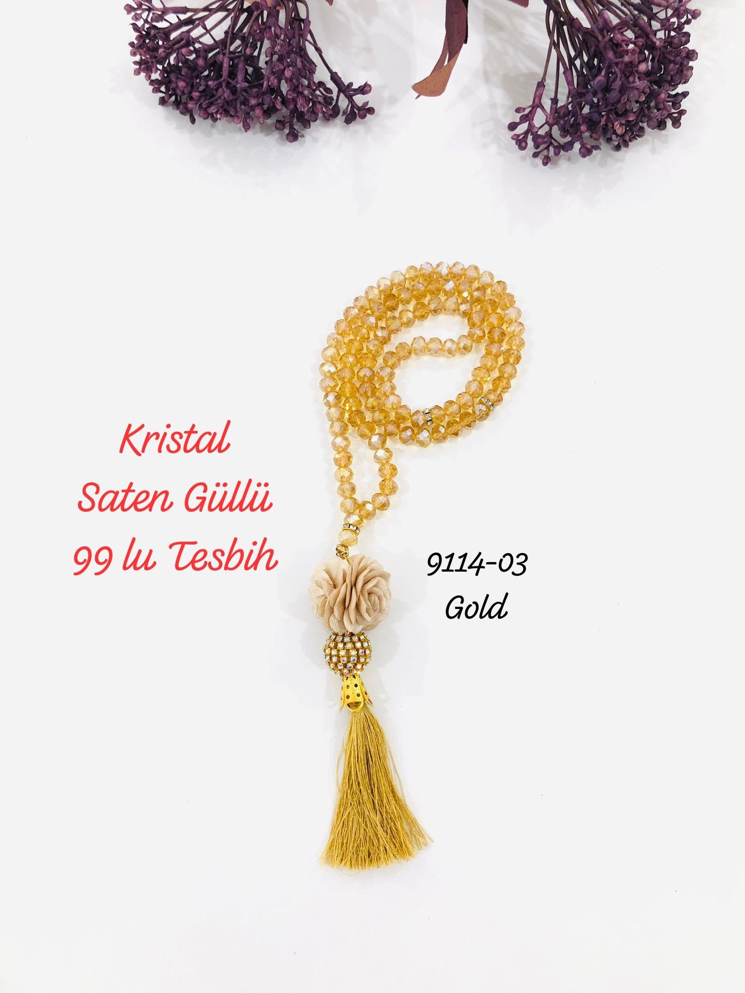 9114 Kristal Saten Güllü Tesbih