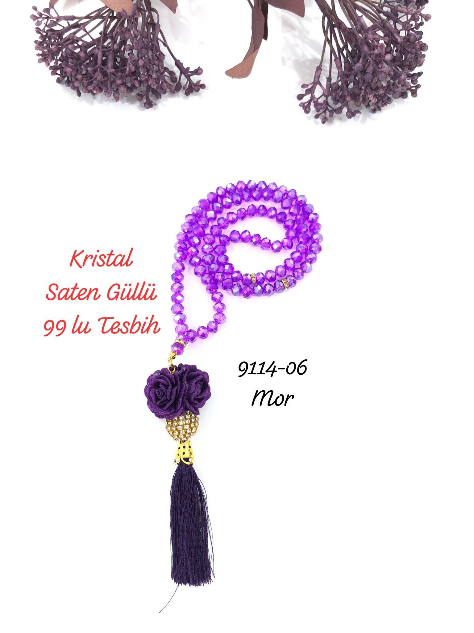 9114 Kristal Saten Güllü Tesbih