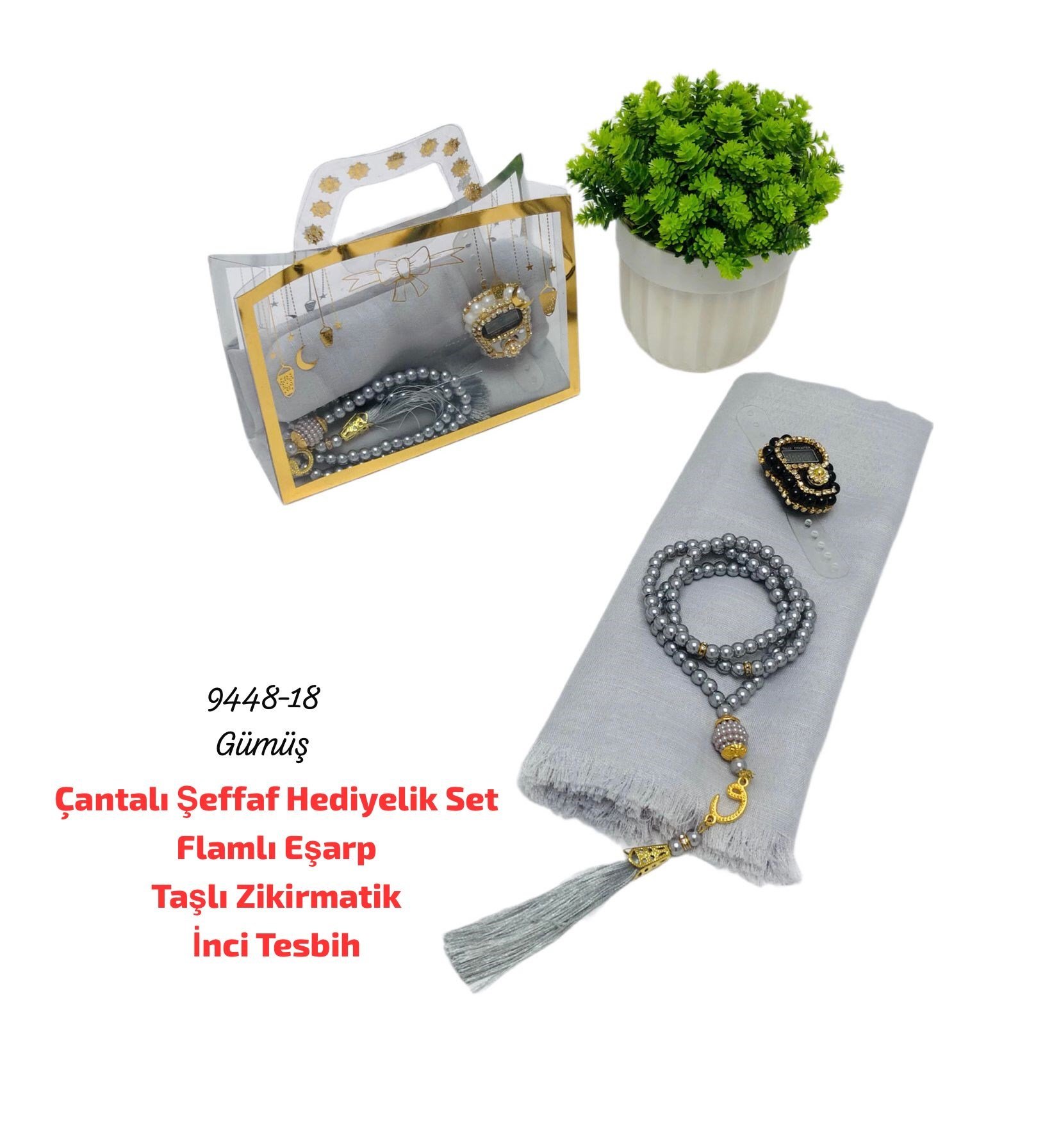 Çantalı Şeffaf Hediyelik Set Eşarp Tesbih Zikirmatik