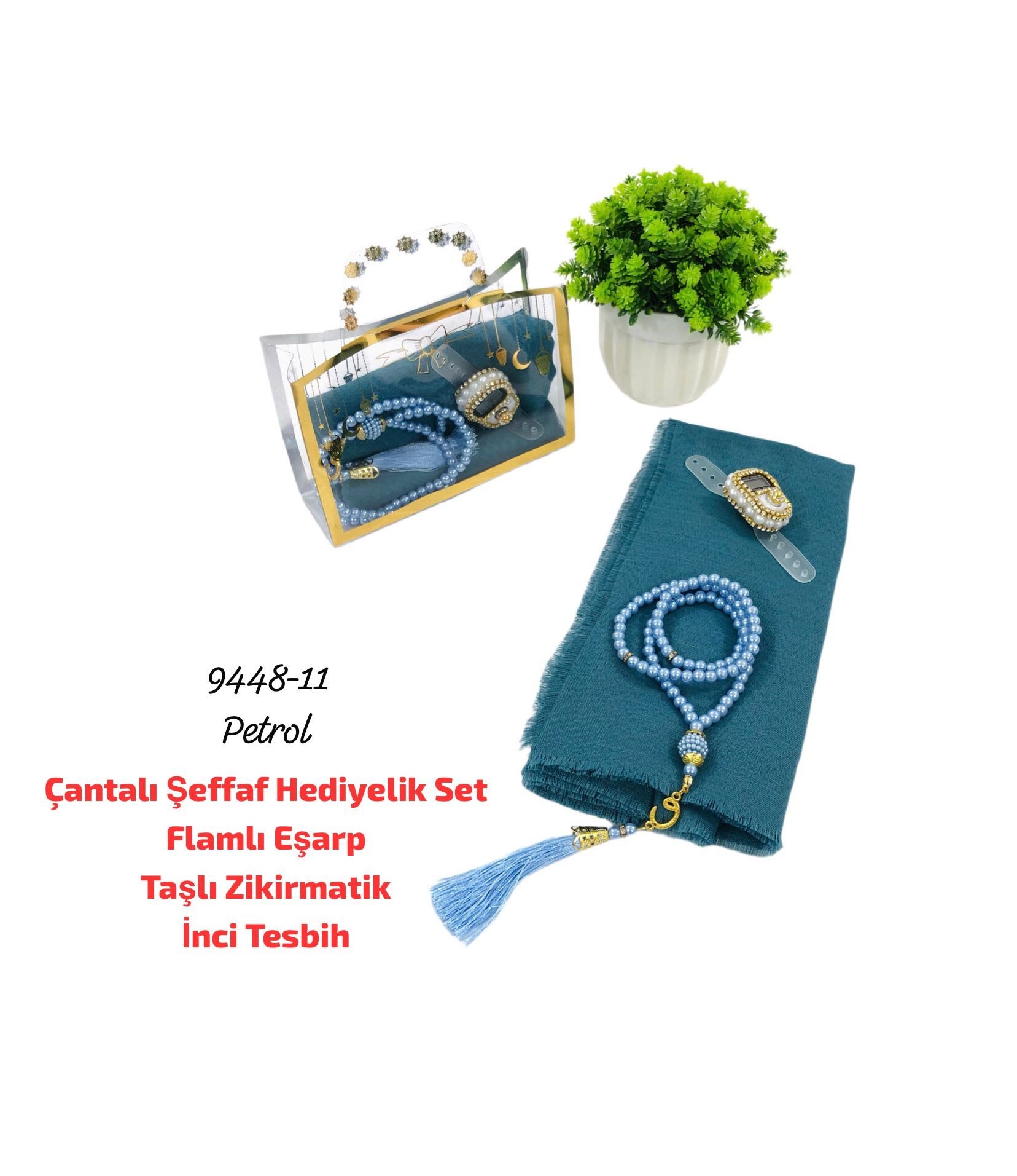Çantalı Şeffaf Hediyelik Set Eşarp Tesbih Zikirmatik