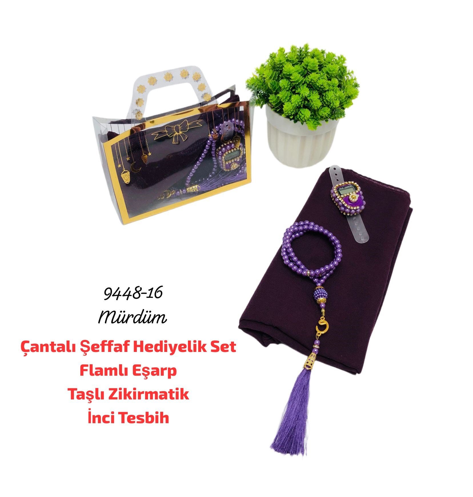 Çantalı Şeffaf Hediyelik Set Eşarp Tesbih Zikirmatik