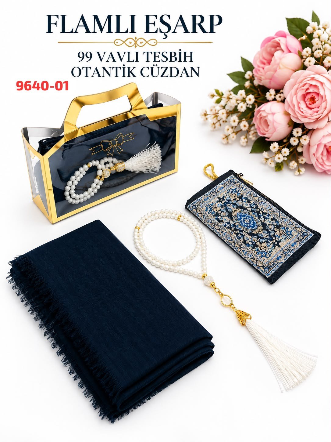 Flamlı Eşarp Otantik Cüzdan Tesbih Set