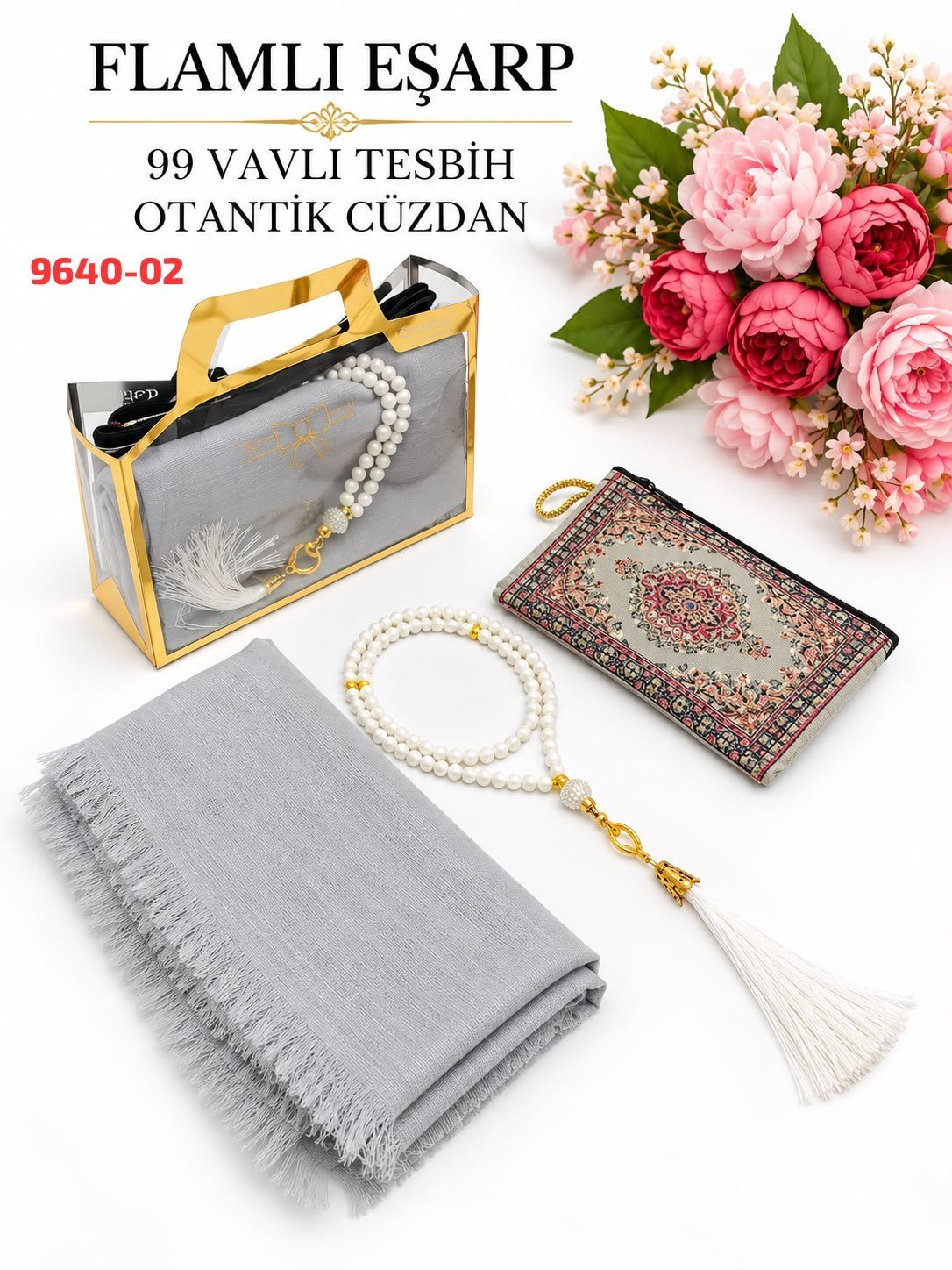 Flamlı Eşarp Otantik Cüzdan Tesbih Set