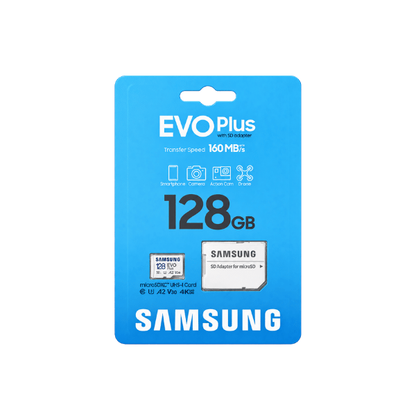 Samsung EVO Plus 128 GB microSDXC Hafıza Kartı – 160 MB/s A2 V30 SD Adaptörlü
