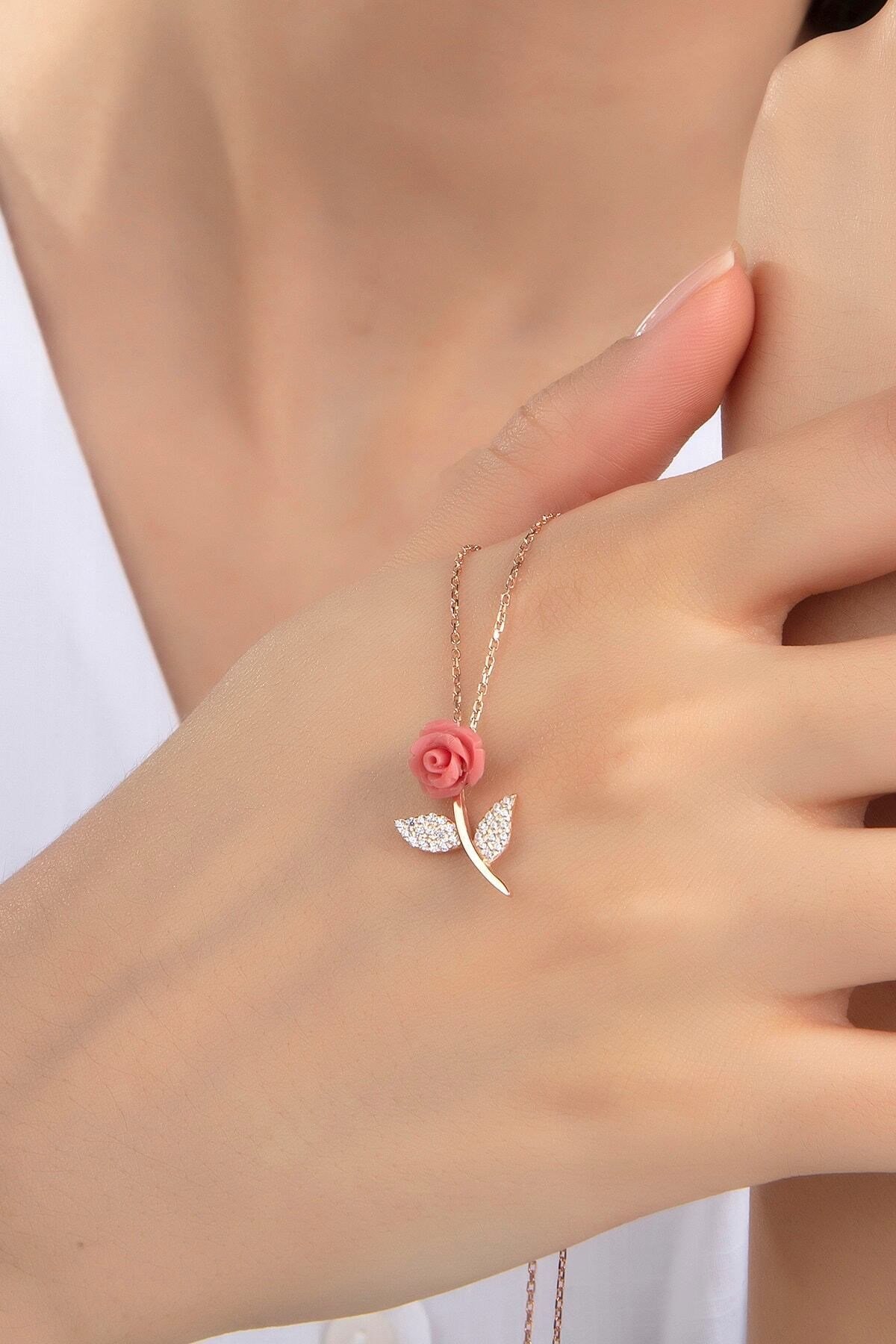 Kadın Orjinal 925 Ayar Gümüş Zirkon Taşlı Pembe Taşlı Gül Model Kolye