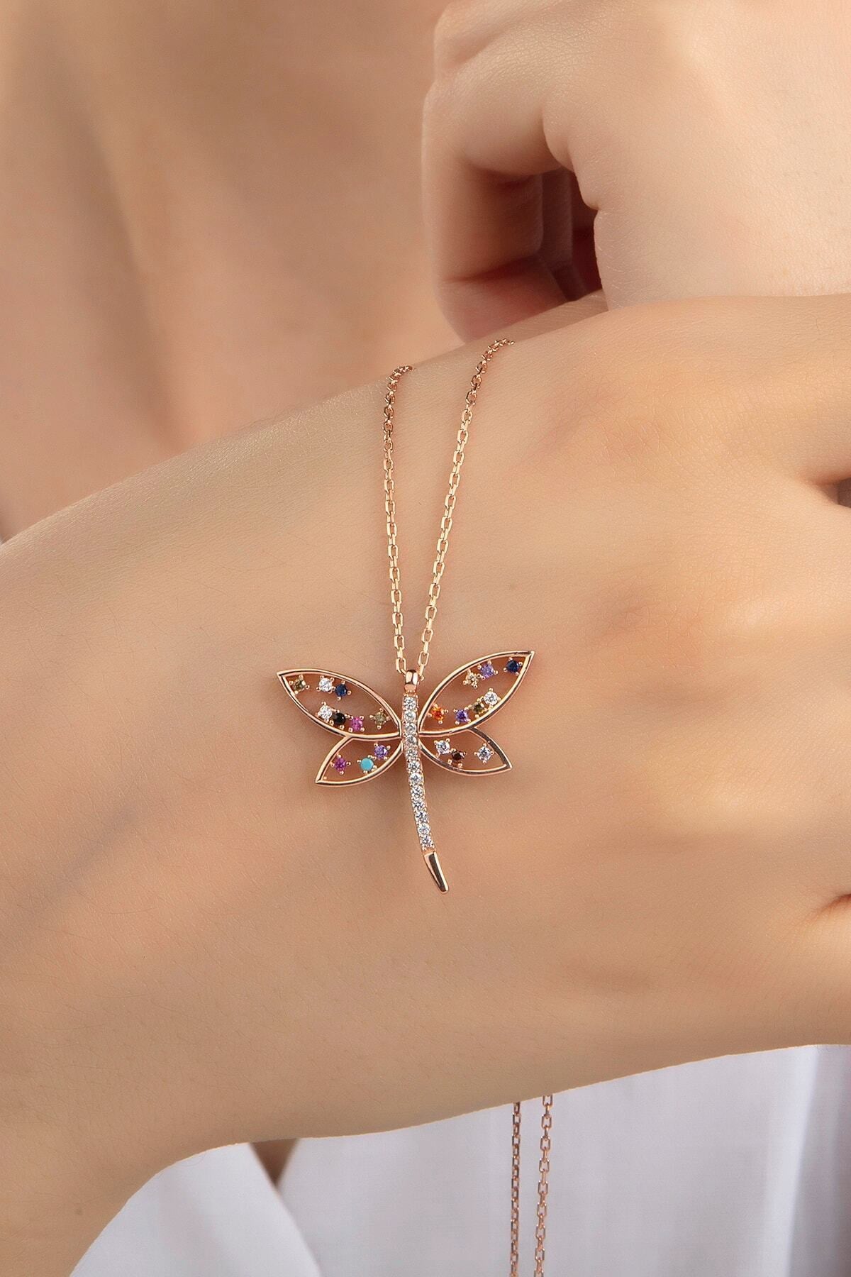 Kadın Orjinal 925 Ayar Gümüş Zirkon Taşlı Yusufçuk Kelebek Model Kolye