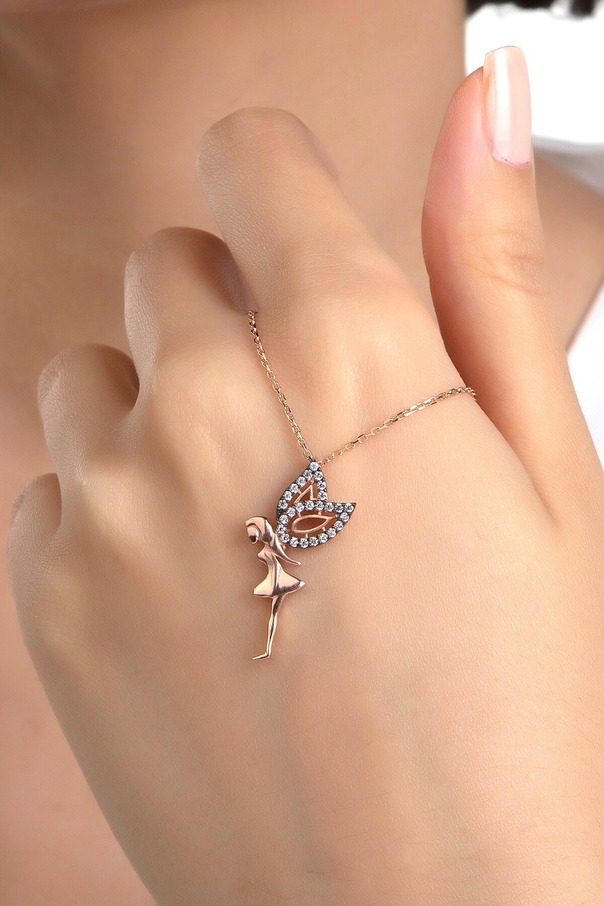 Kadın Orjinal 925 Ayar Gümüş Zirkon Taşlı Melek Kanat Kız Model Kolye