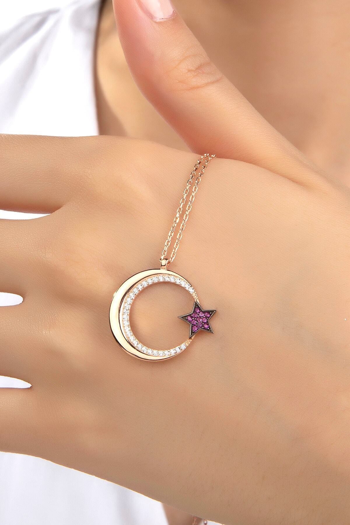 Kadın Orjinal 925 Ayar Gümüş Zirkon Taşlı Ay Yıldız Model Kolye