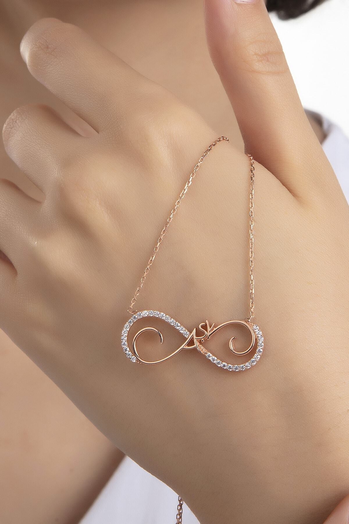 Kadın Orjinal 925 Ayar Gümüş Zirkon Taşlı Sonsuzluk Aşk Model Kolye