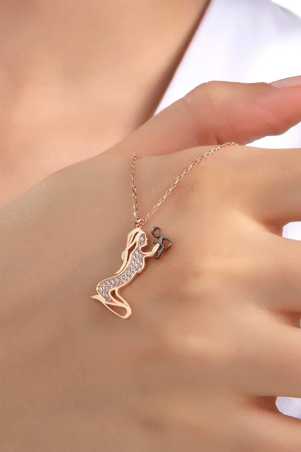 Kadın Orjinal 925 Ayar Gümüş Zirkon Taşlı Anne Bebek Çocuk Model Kolye