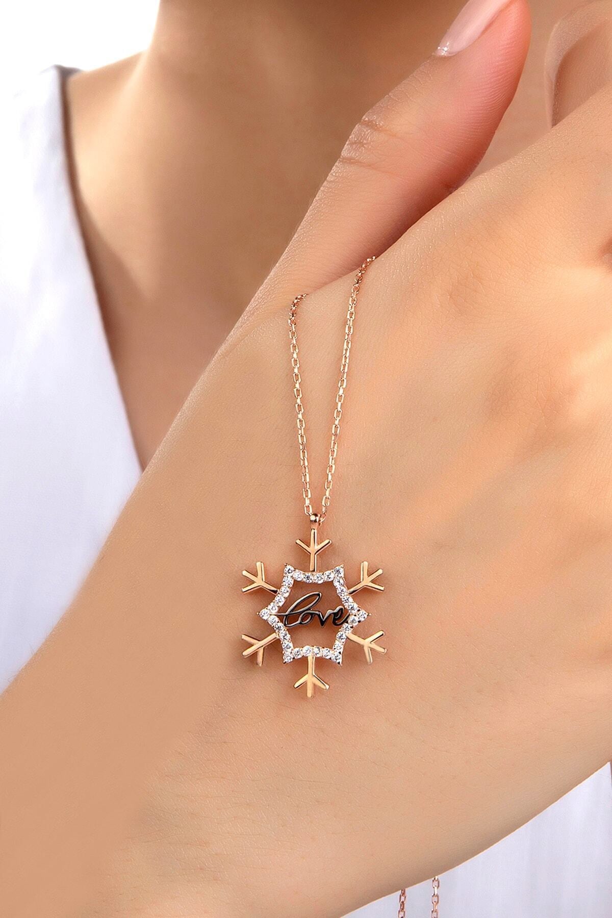 Kadın Orjinal 925 Ayar Gümüş Zirkon Taşlı Kartanesi Love Model Kolye