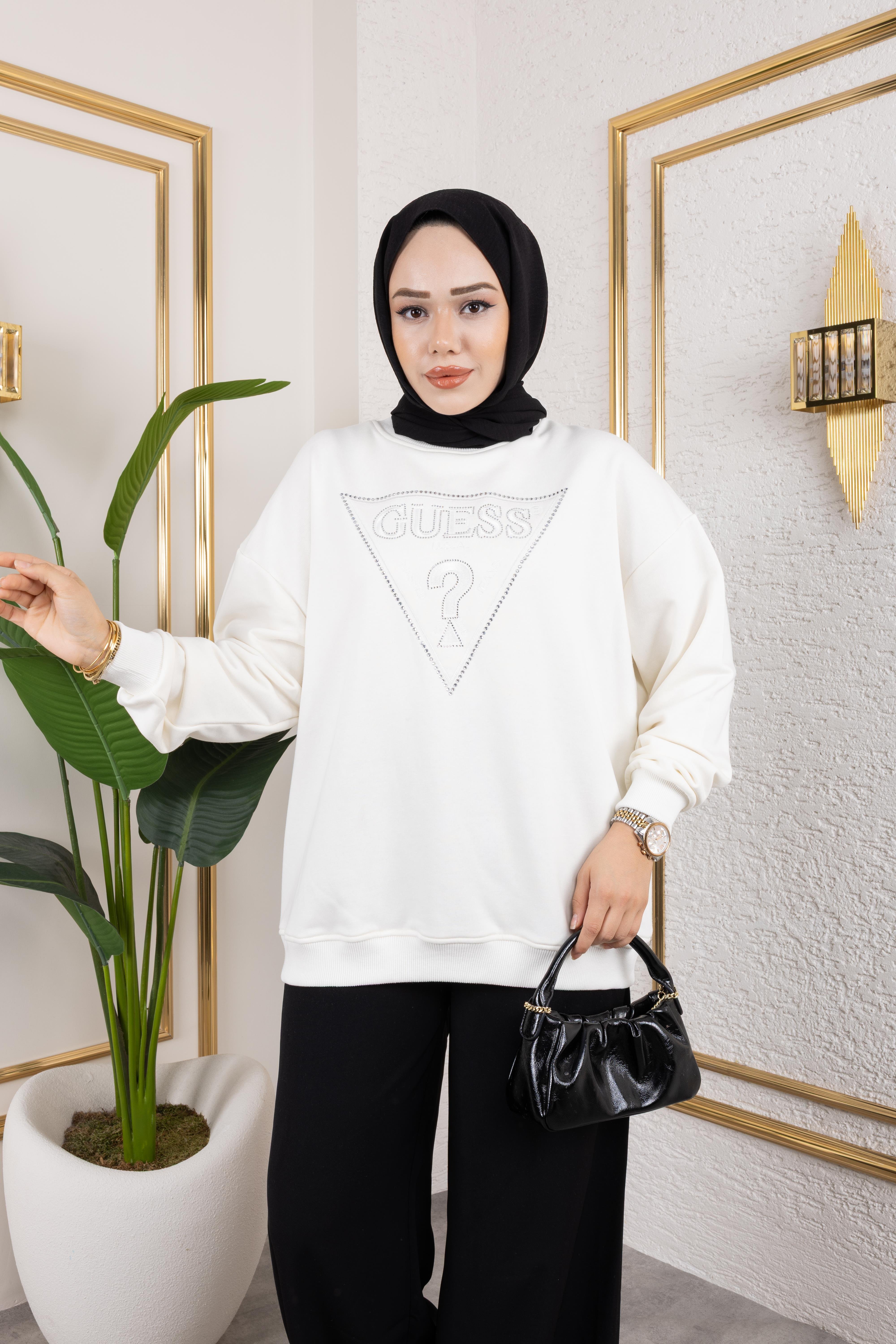 G**s Nakışlı Taşlı Sweat Beyaz
