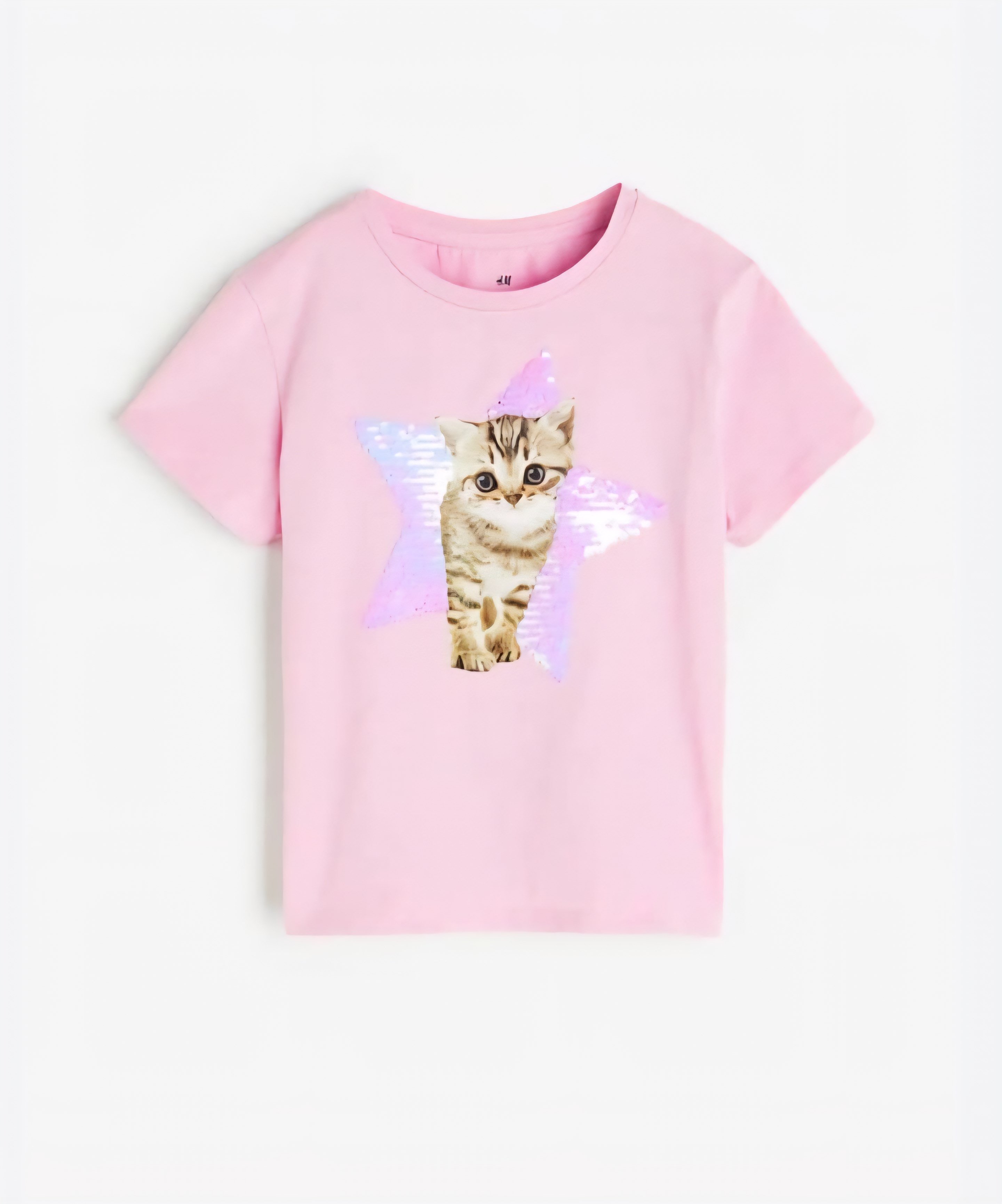 Kedi Desenli Pul Detaylı Kız ÇocukTişört Pembe