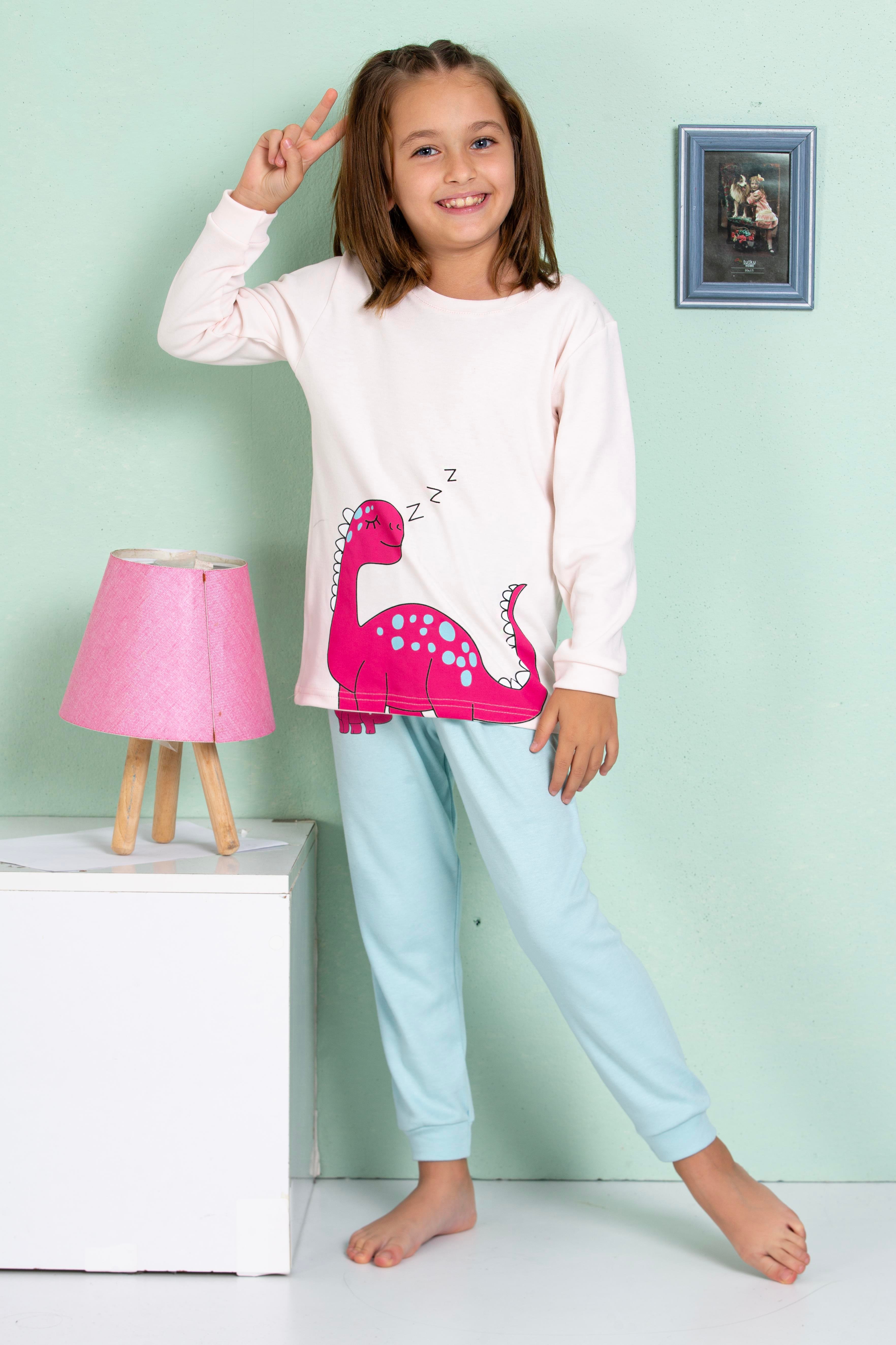 Kız Çocuk Dinolu  Pijama Takımı 