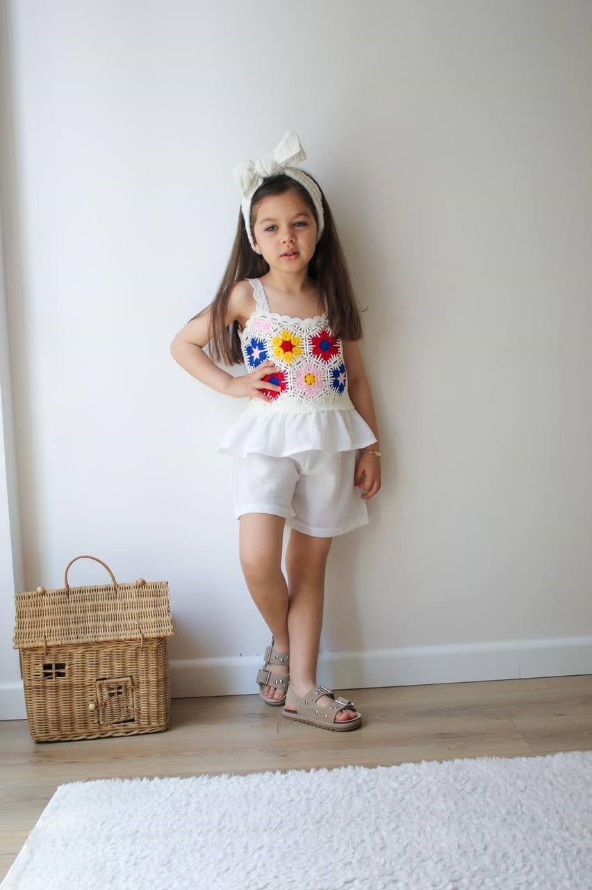 Örme Detaylı  Kız Çocuk Beyaz Müslin Takım
