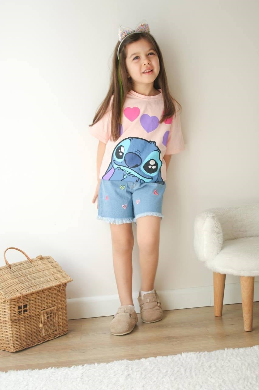 Stitch Detaylı Kız Çocuk Kot Şort Takım