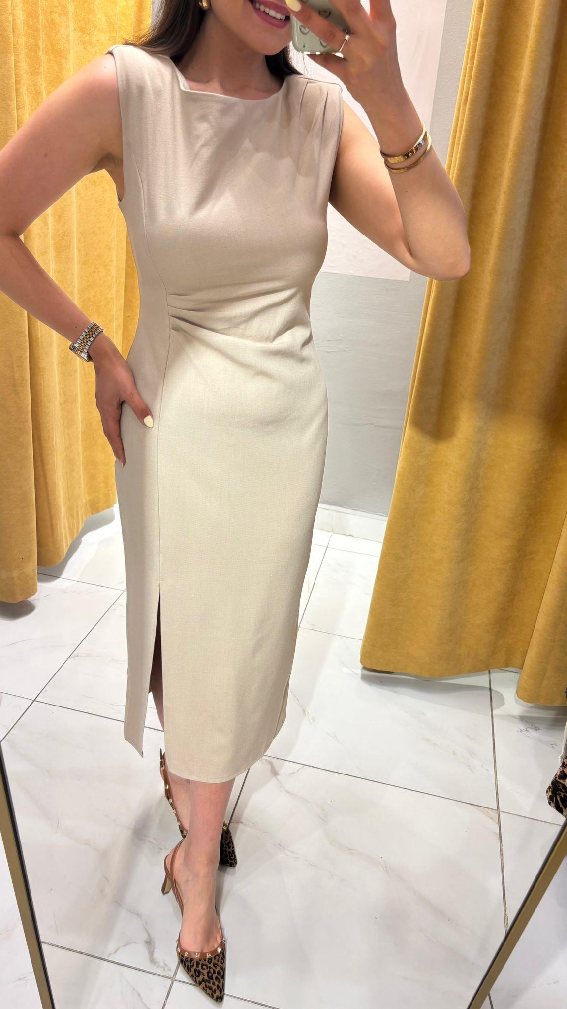 BEJ DRAPELİ ELBİSE 