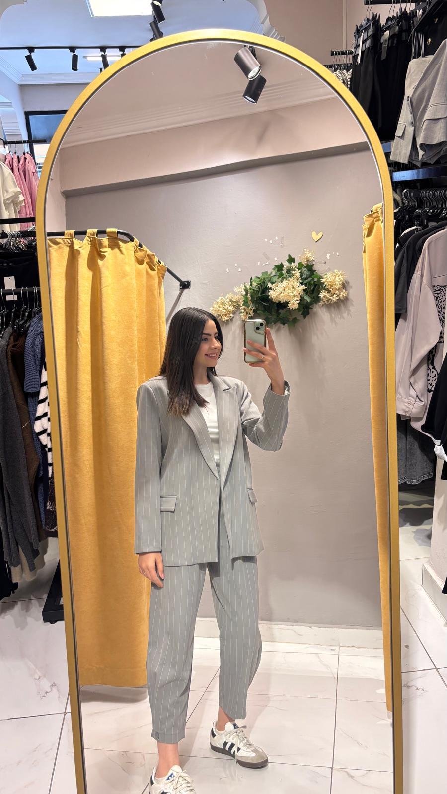 GRİ ÇİZGİLİ BLAZER CEKET 
