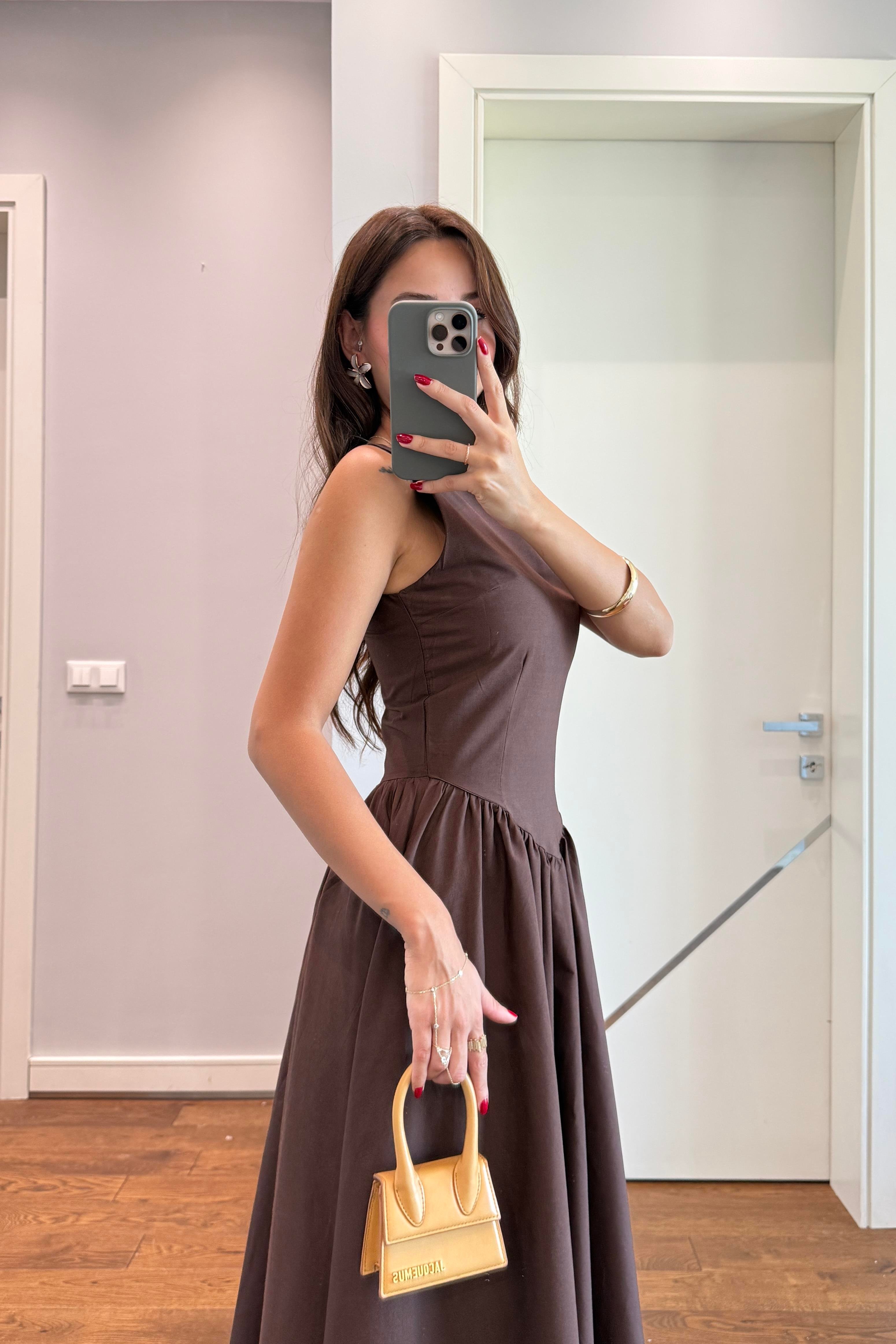BEL DETAYLI TASARIM ELBİSE-KAHVE