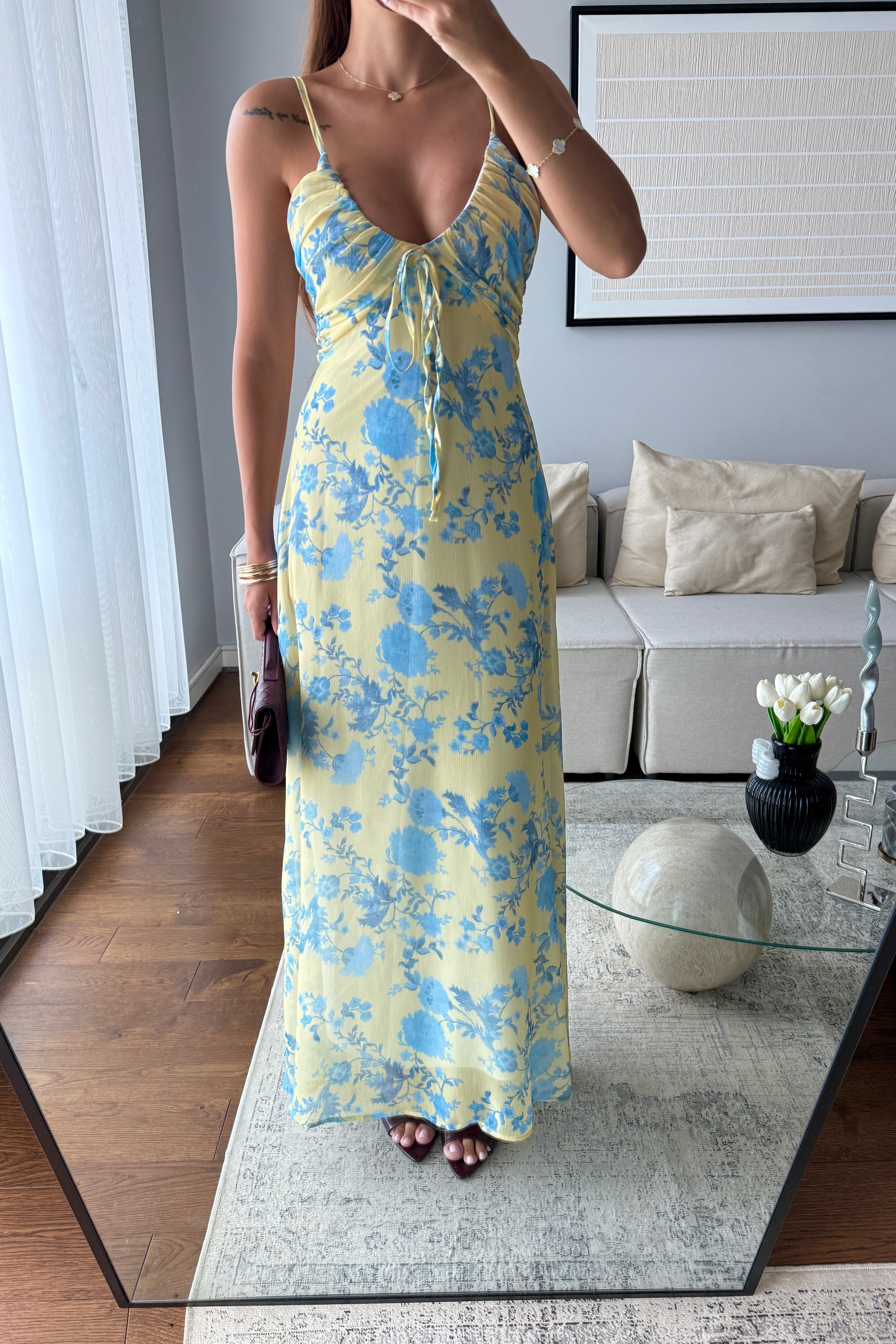 DESENLİ ŞİFON ELBİSE-SARI