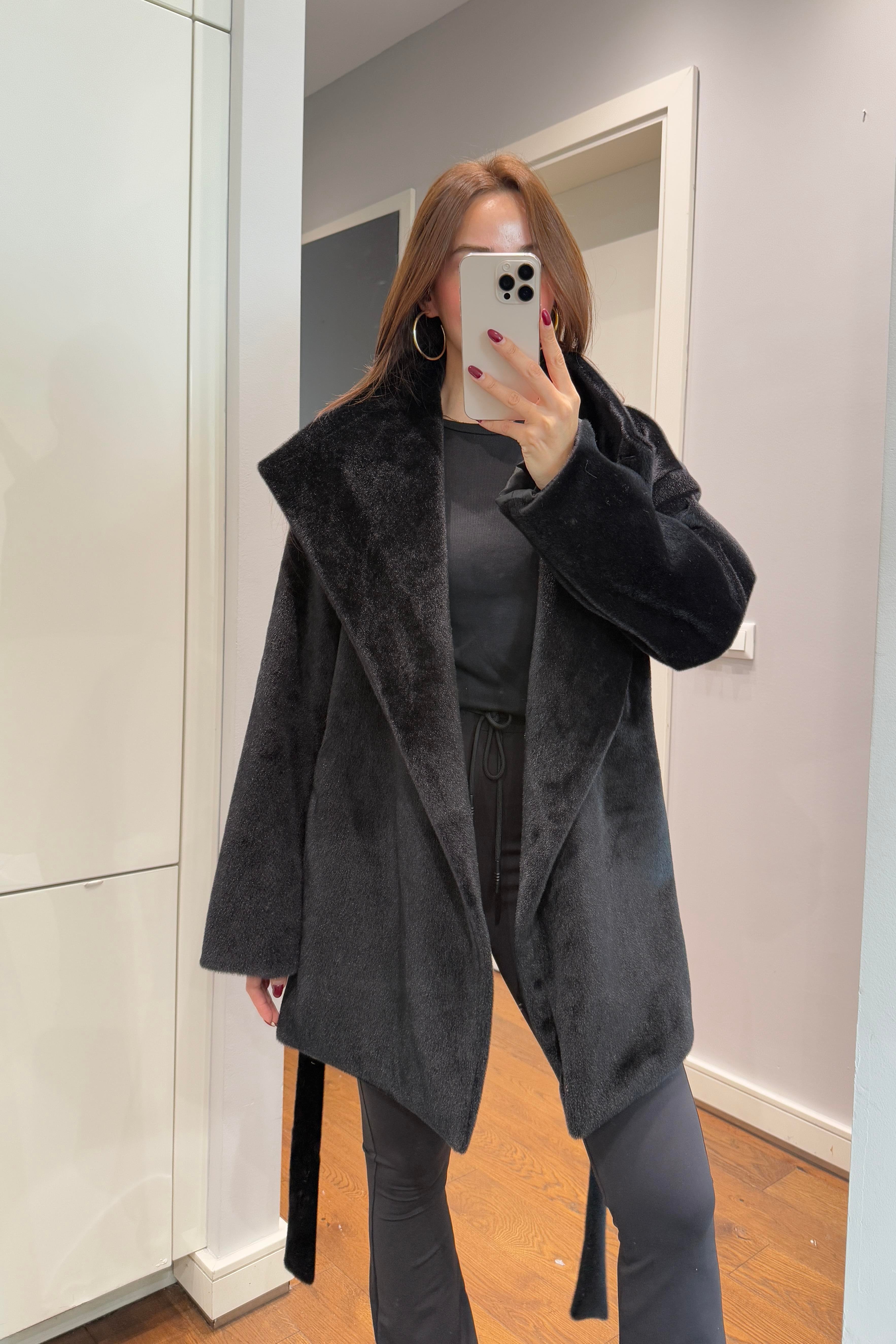 DİK YAKA BELİ KUŞAKLI KAŞE CEKET