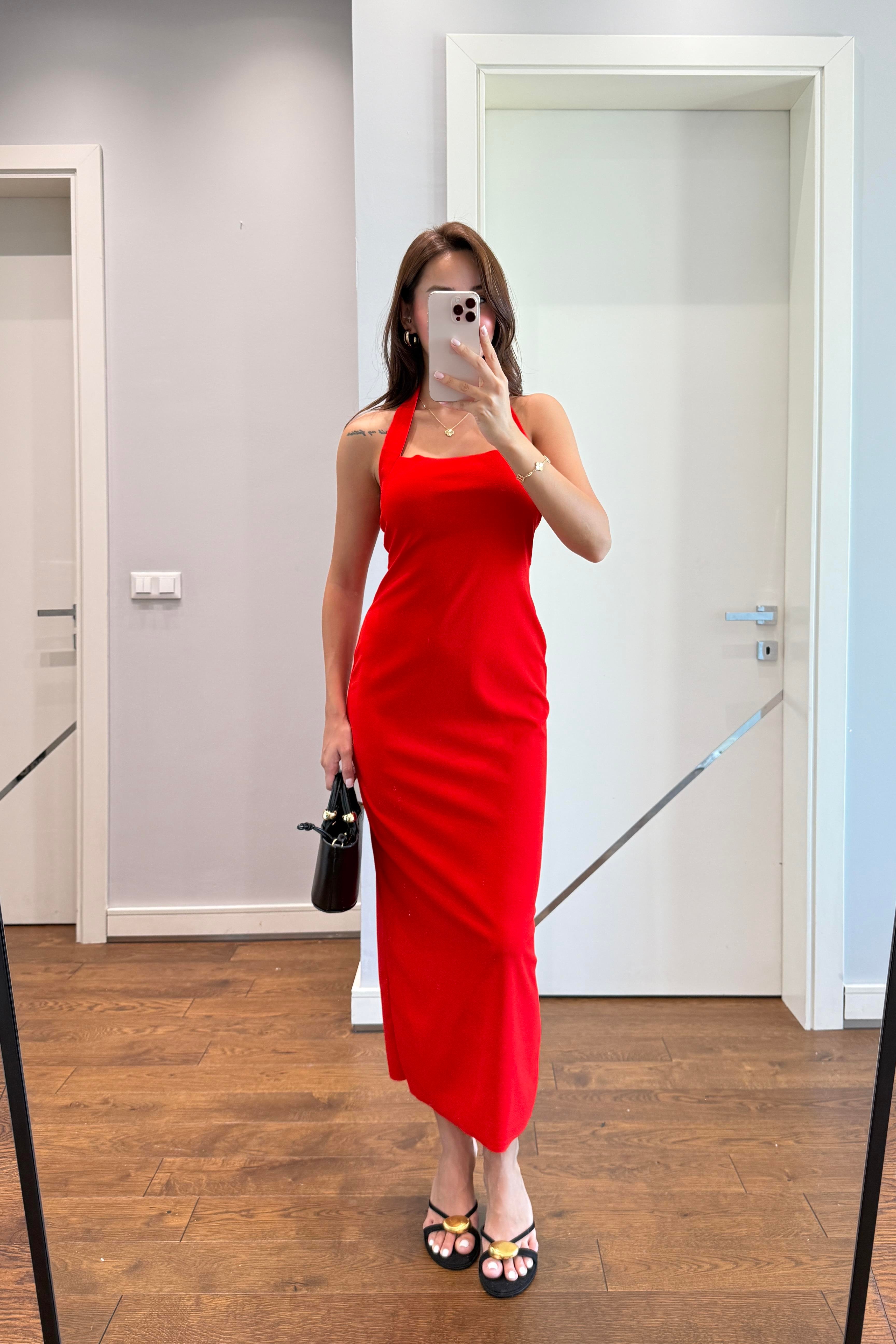 HALTER YAKA TOPARLAYICI ELBİSE-KIRMIZI