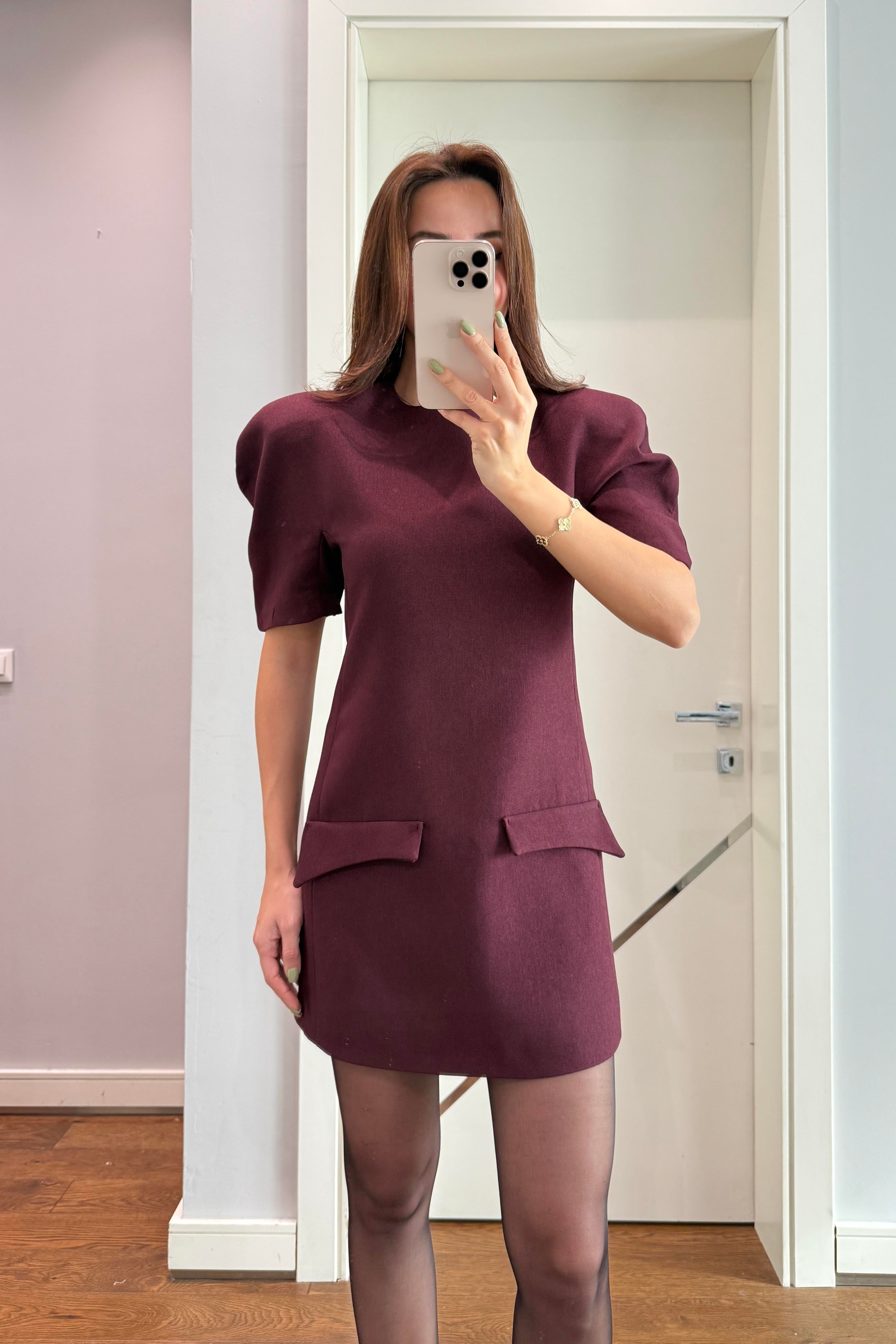 KARPUZ KOL CEPLİ ELBİSE-BORDO