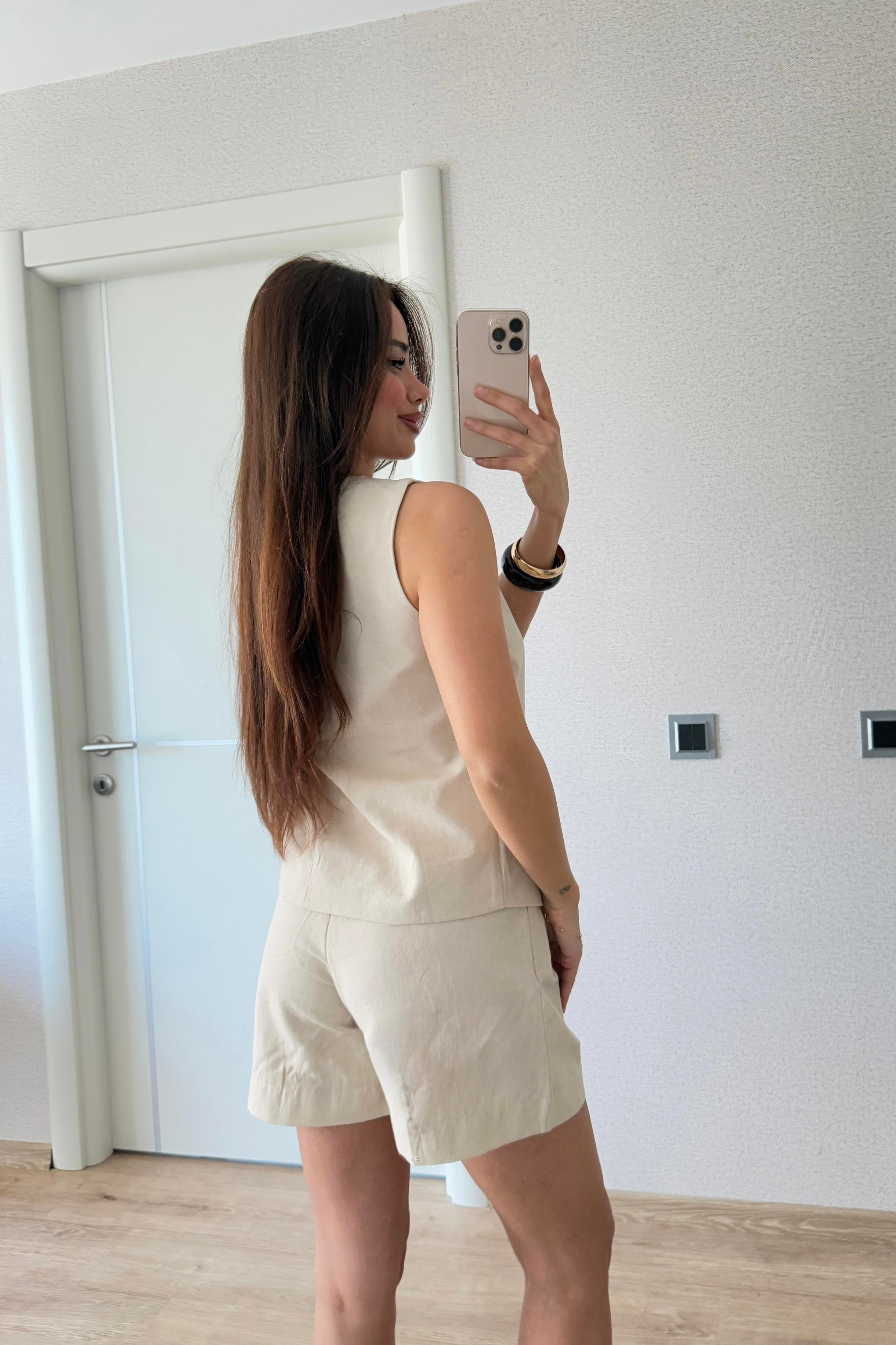 KETEN DÜĞMELİ ŞORT TAKIM BEJ 