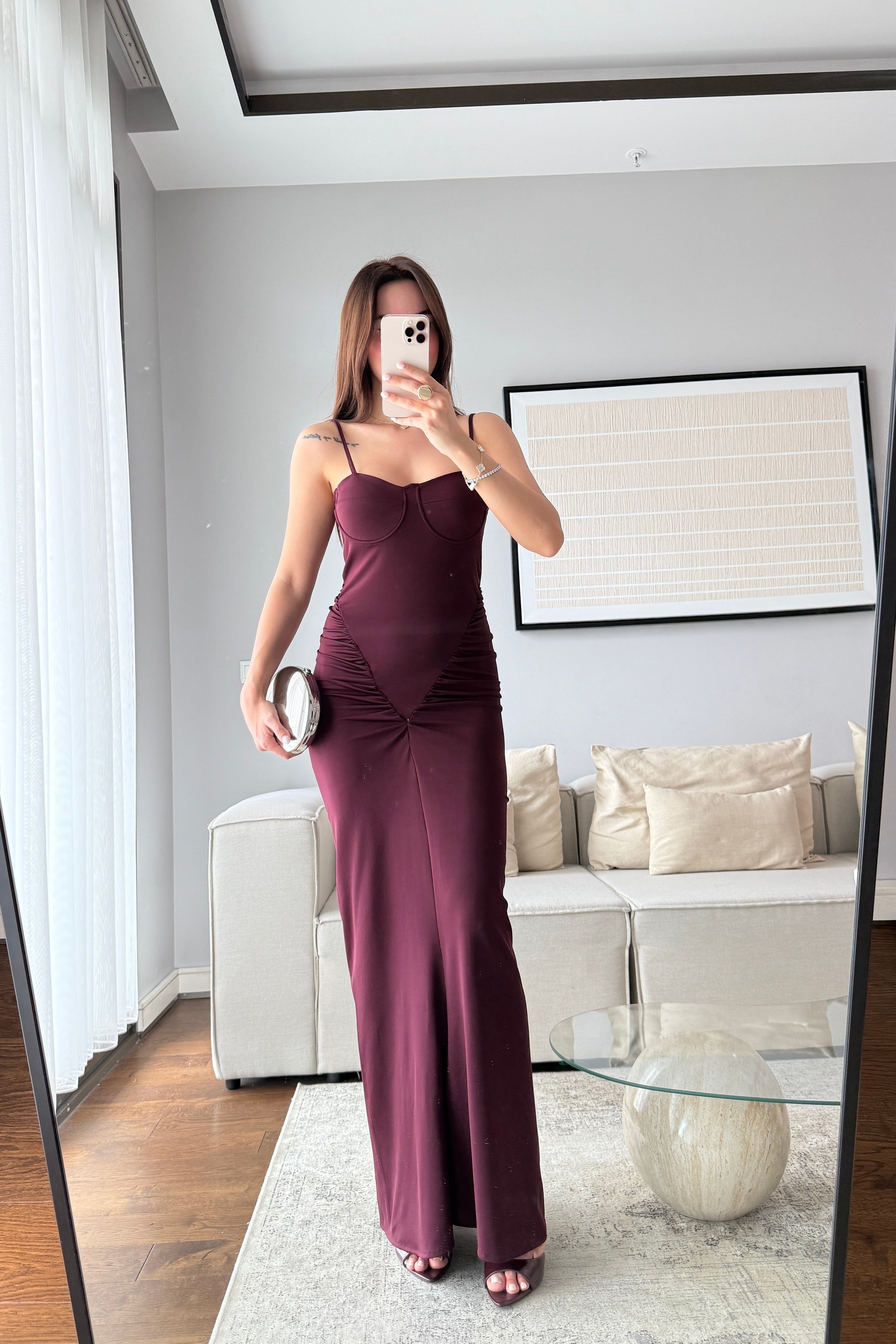 KORSE TARZI DRAPELİ ELBİSE-BORDO