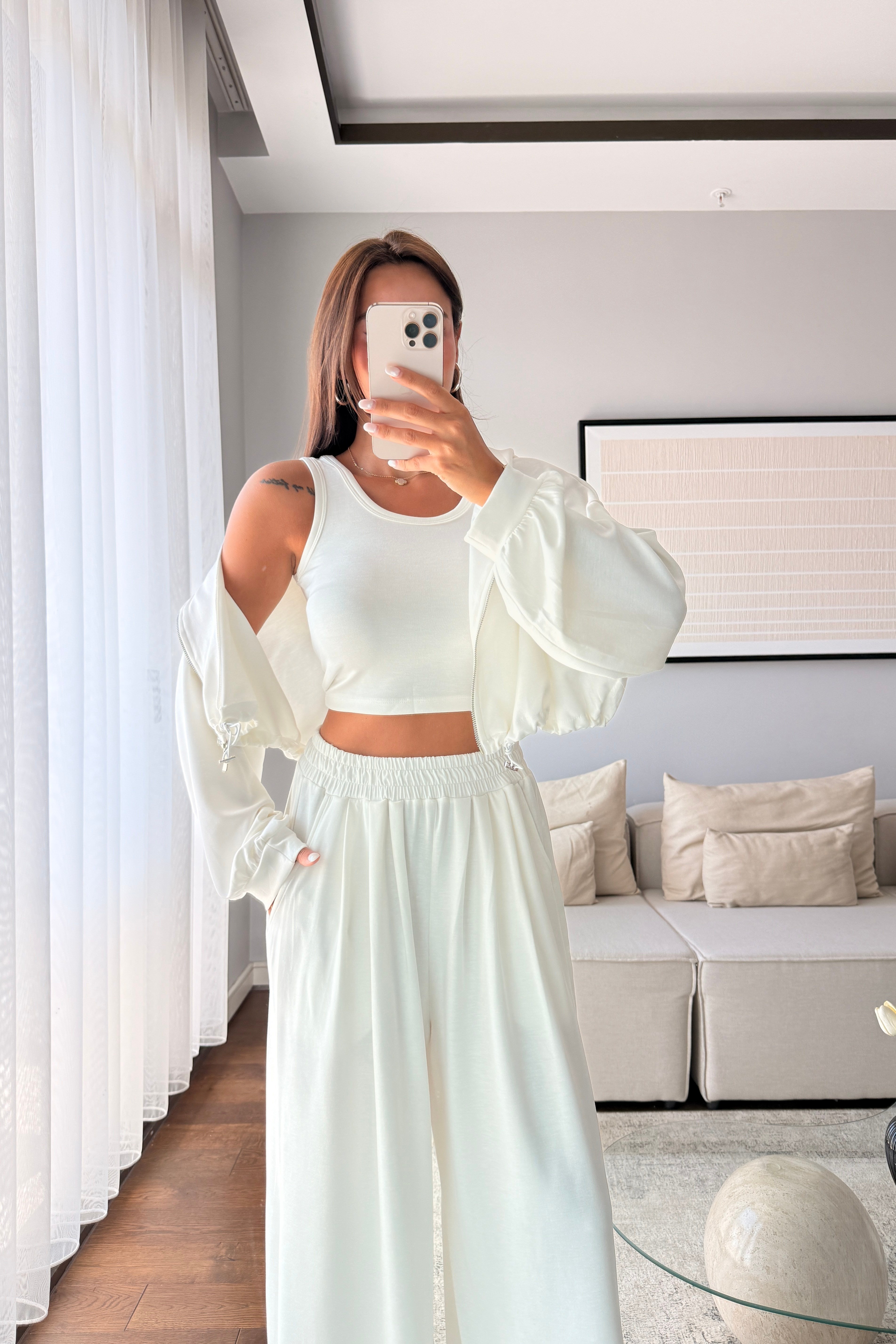 MODAL KUMAŞ KAPÜŞONLU CROP 3'LÜ TAKIM-BEYAZ