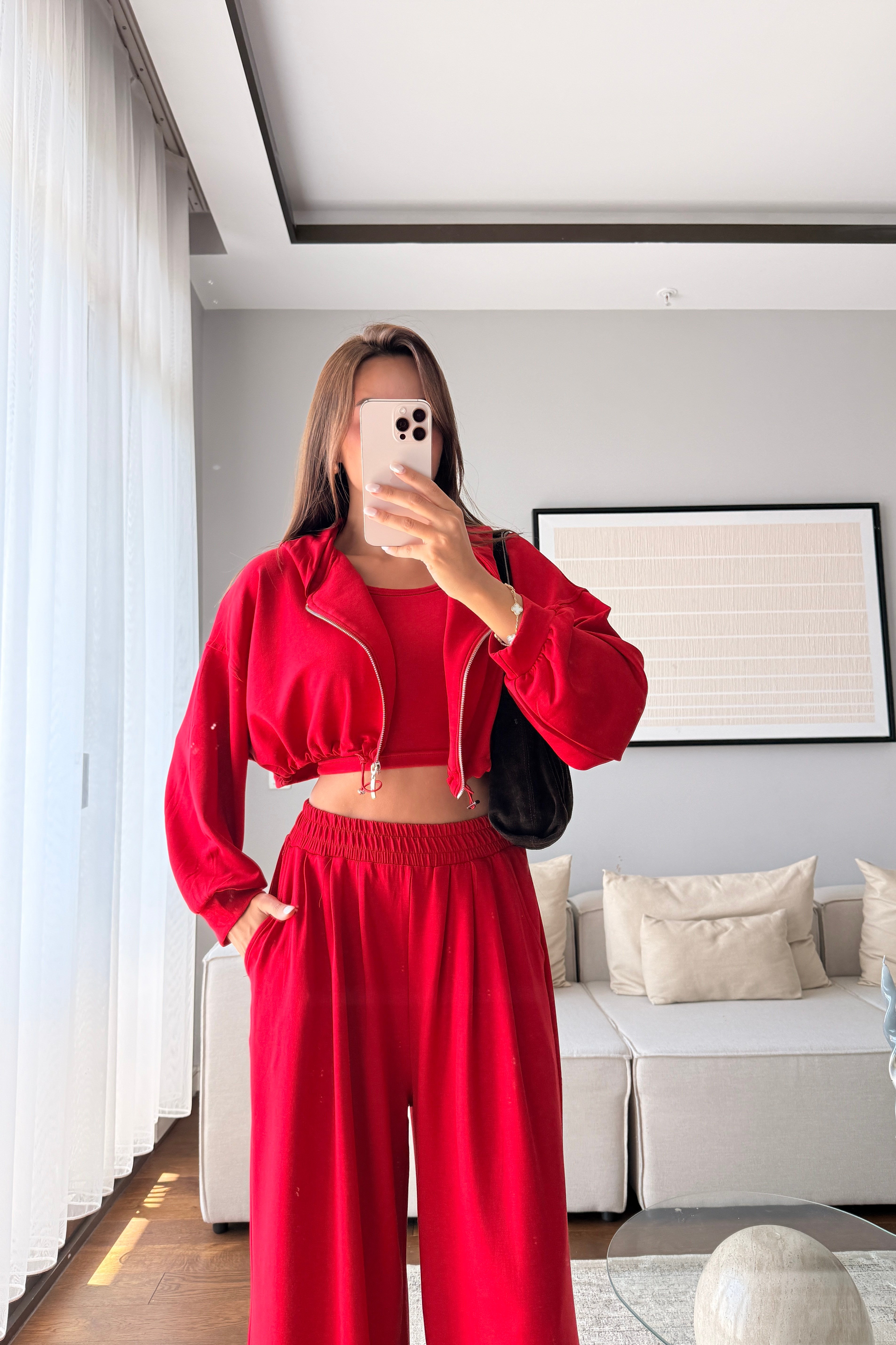 MODAL KUMAŞ KAPÜŞONLU CROP 3'LÜ TAKIM-KIRMIZI