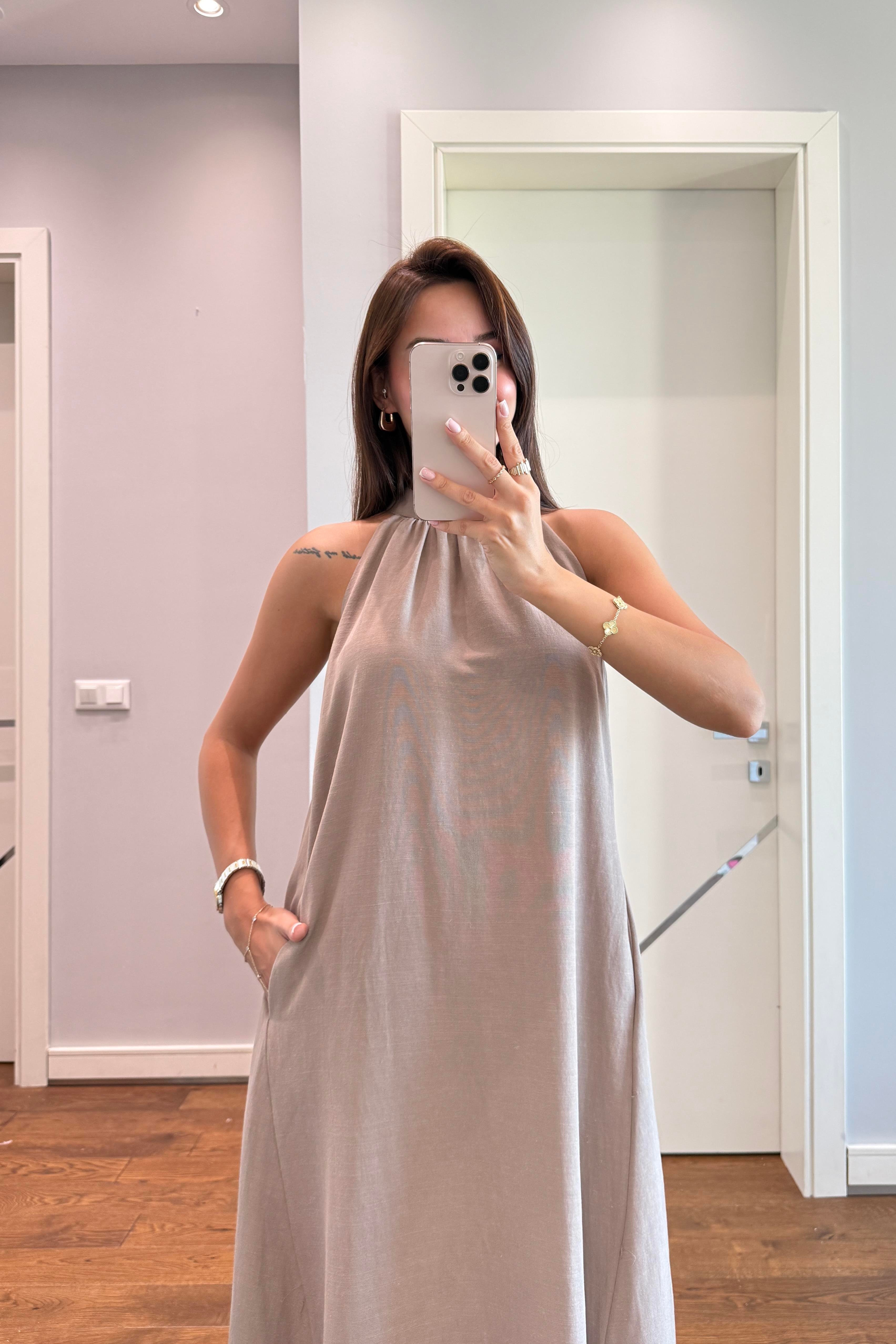 MUADİL HALTER YAKA ELBİSE-VİZON