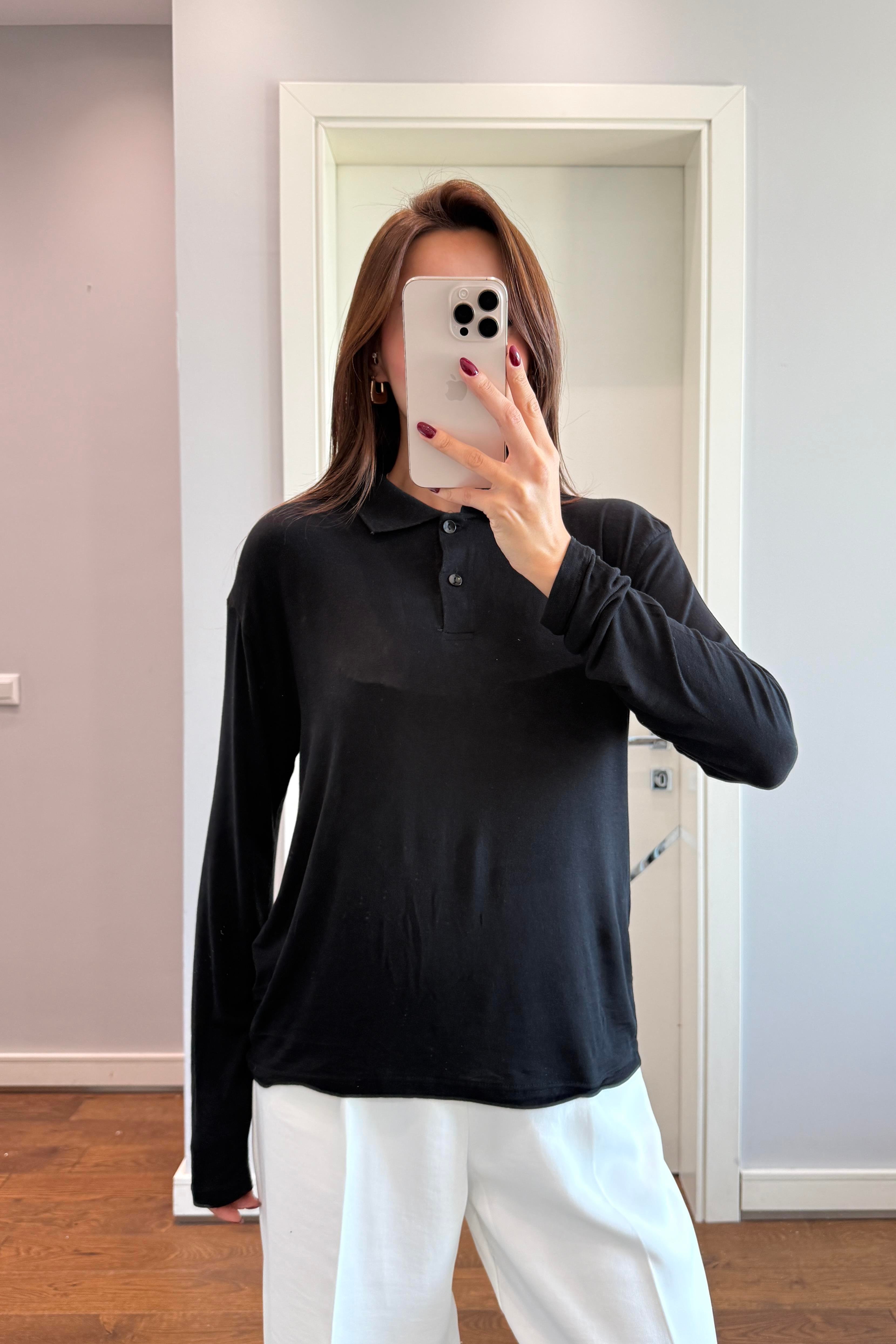 POLO YAKA  TRANSPARAN BLUZ -SİYAH